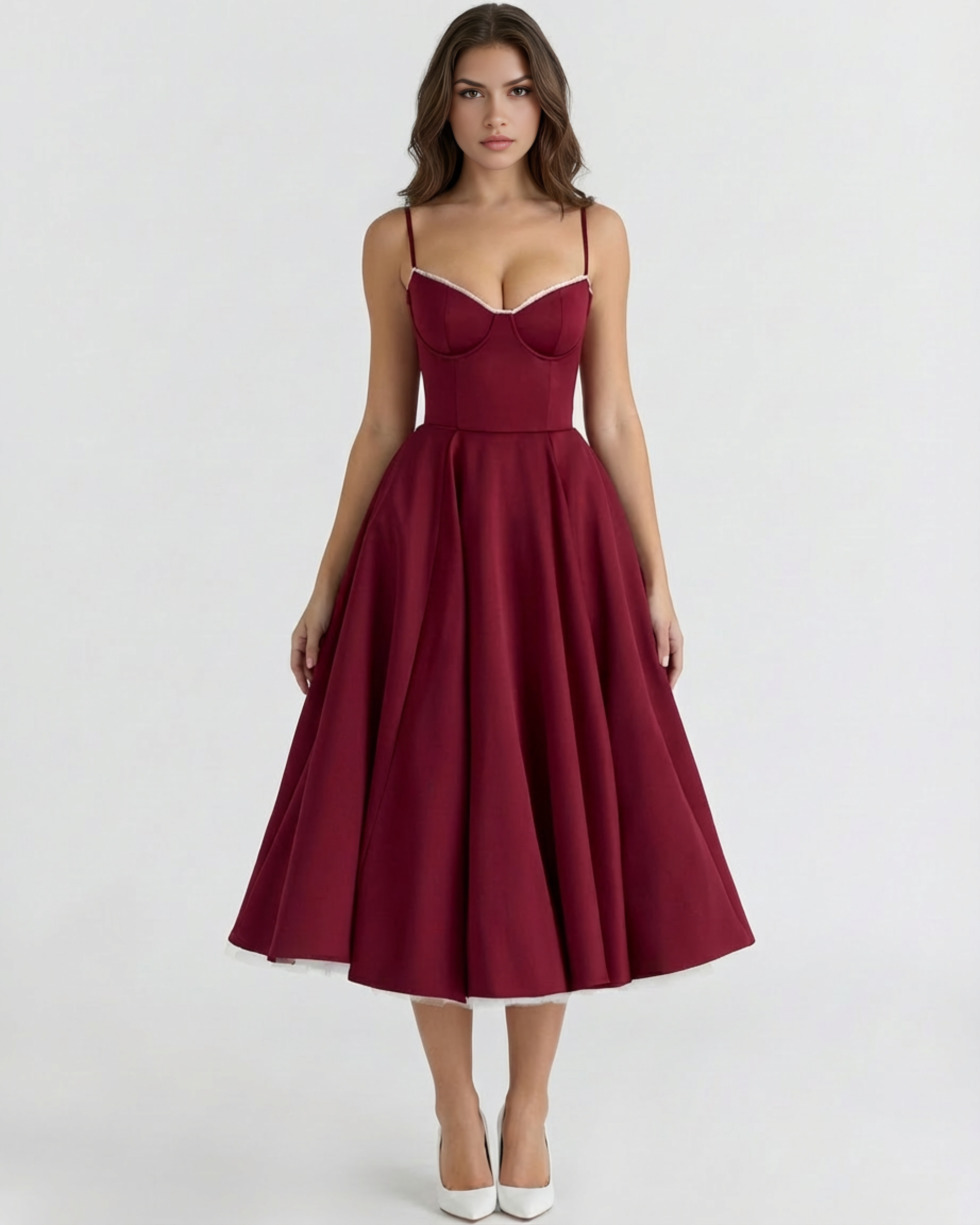 Selene Satin Mesh Midi Wedding Guest Dress - Ivory
