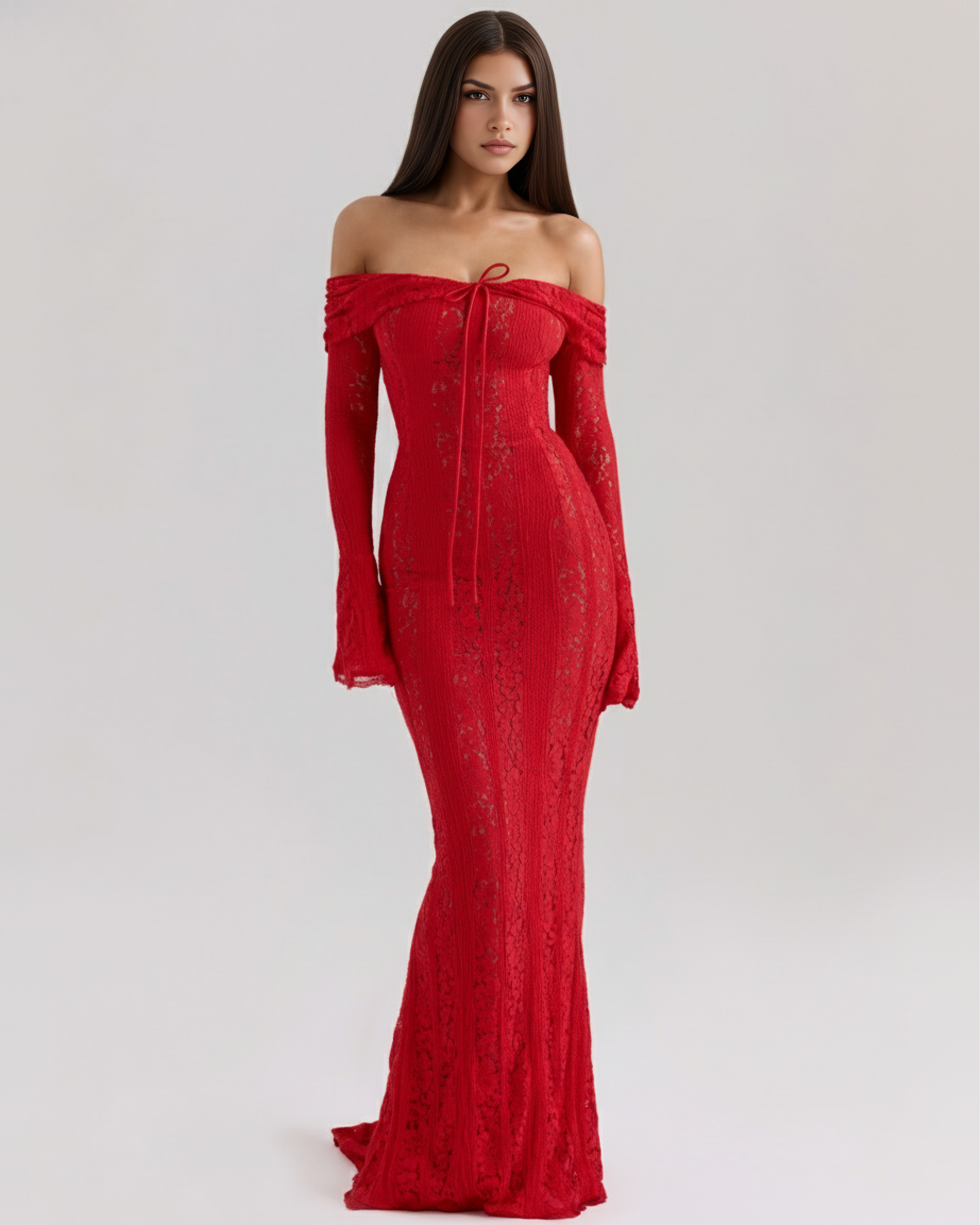Alessandra Lace Off-Shoulder Maxi Evening Dress - Red