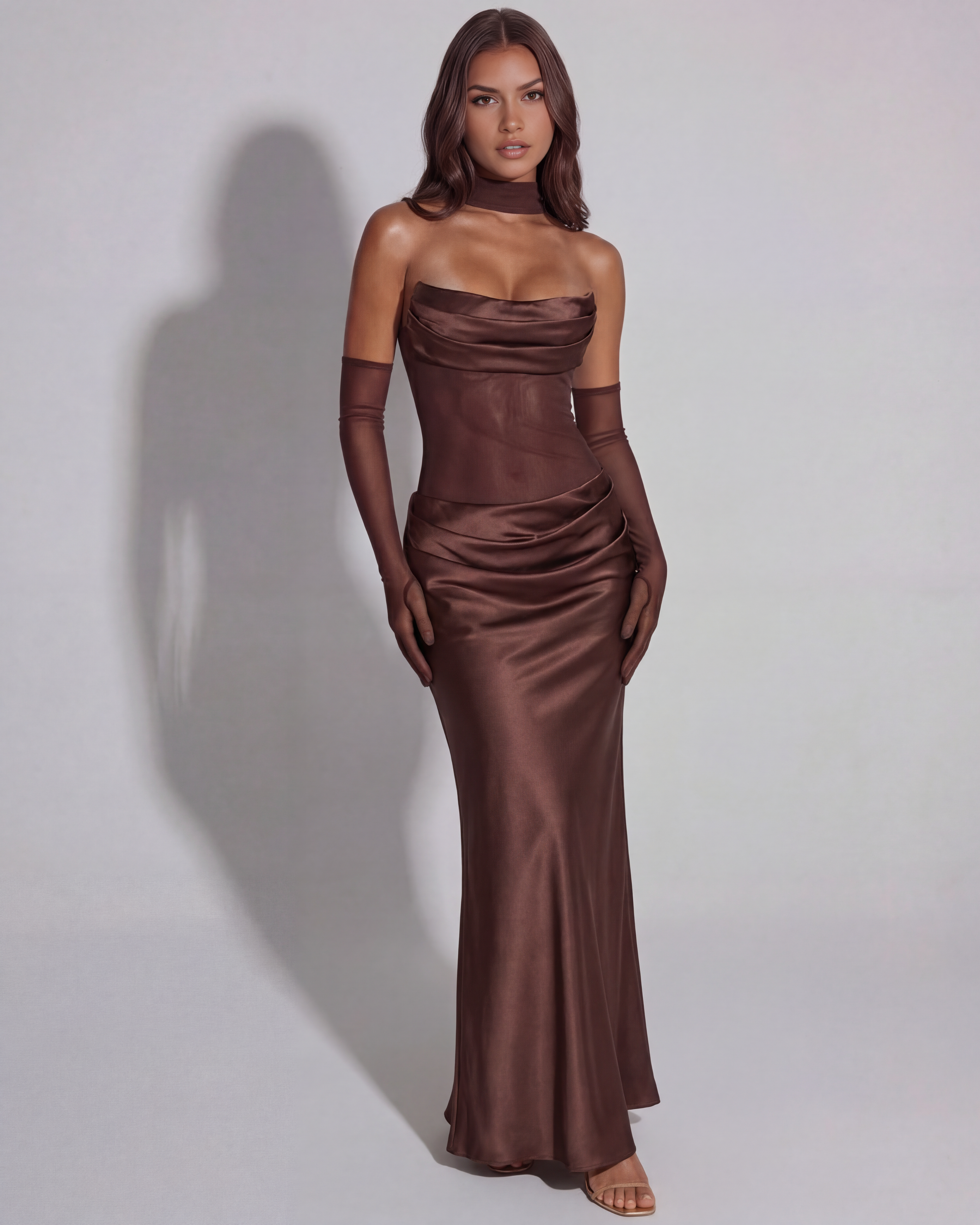 Vittoria Strapless Mesh Maxi Evening Dress - Brown