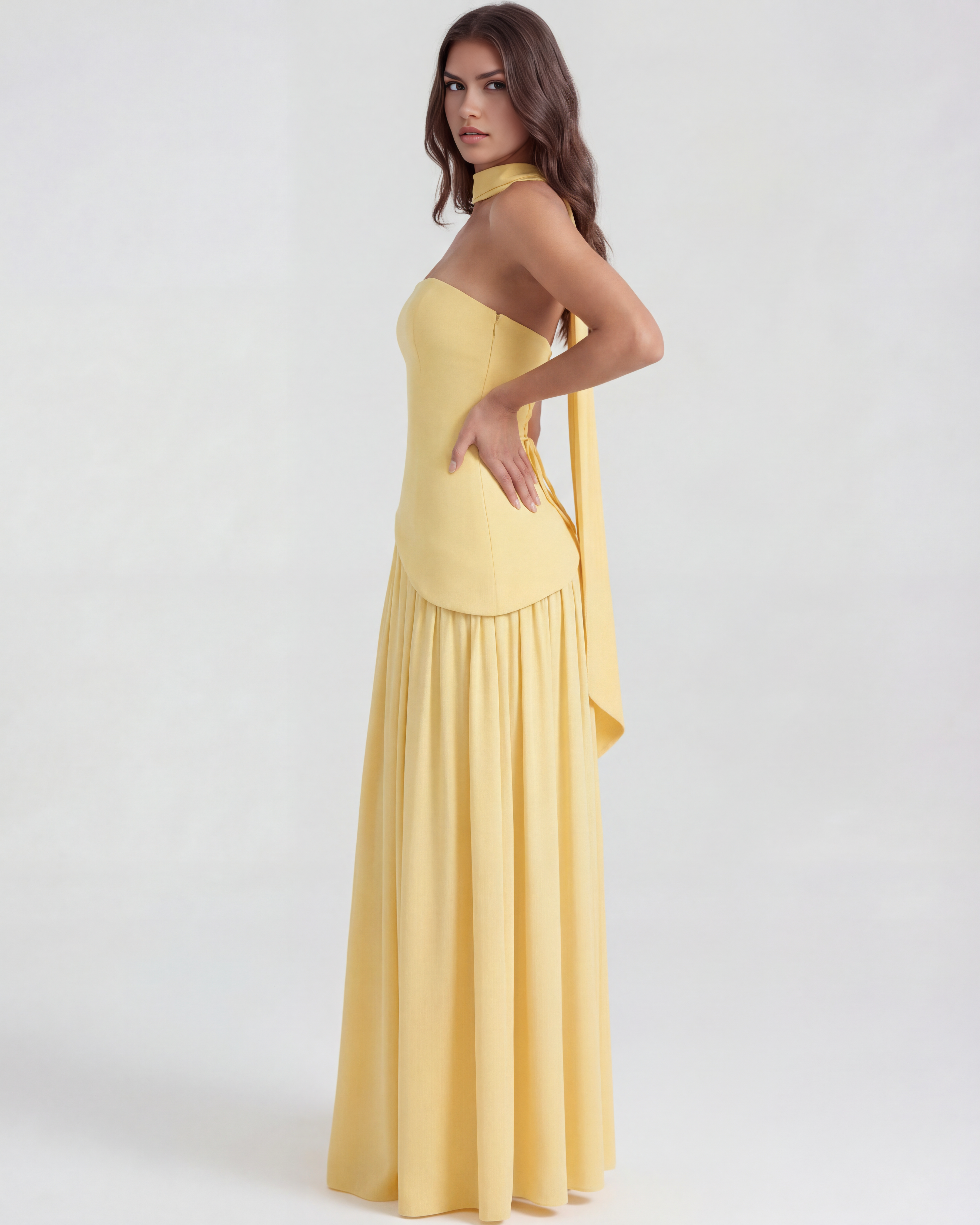 Serena Strapless Asymmetrical Maxi Wedding Guest Dress - Butter Yellow