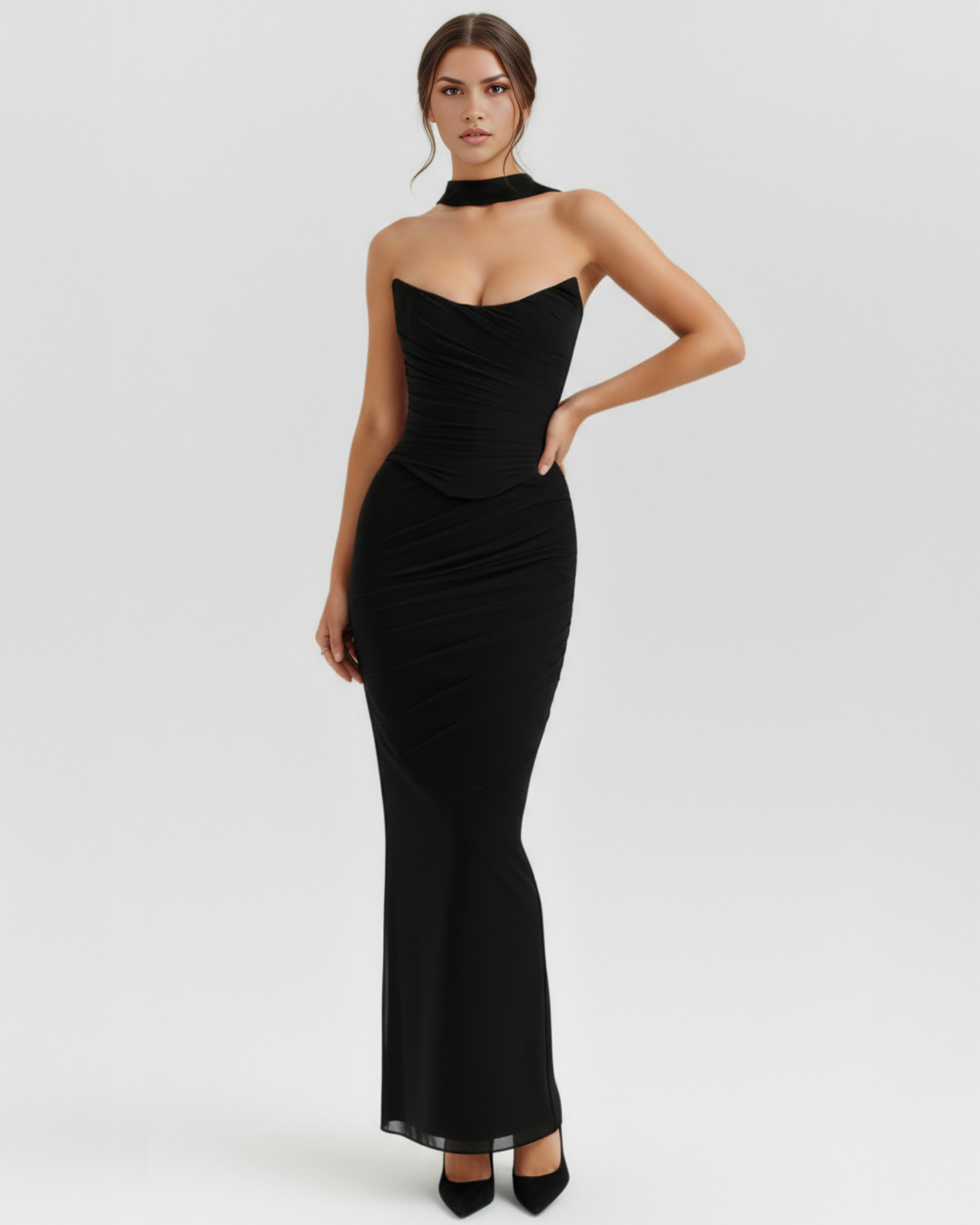 Malu Mesh Ruched Maxi Evening Dress - Black