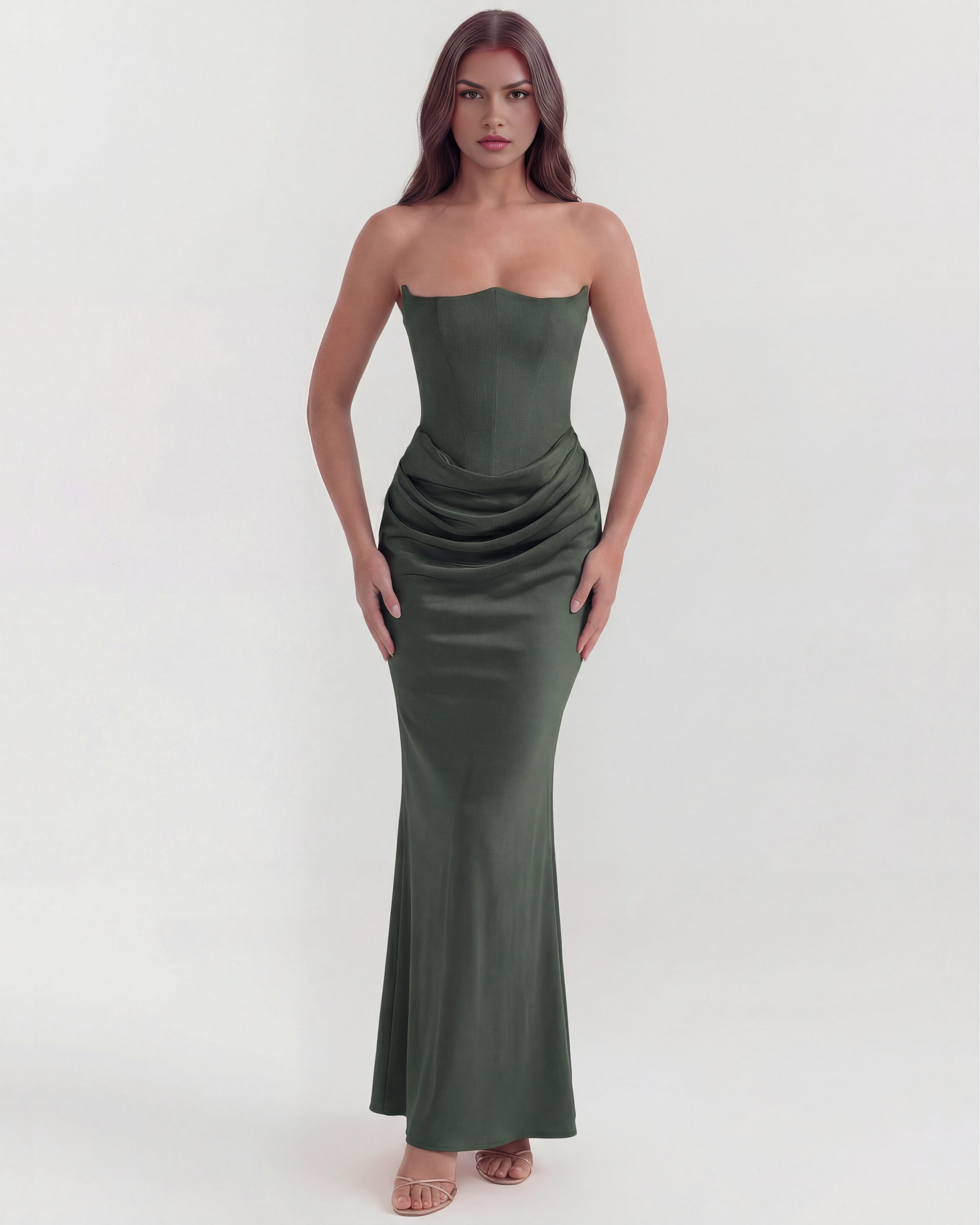 Rosalind Corset Fitted Maxi Evening Dress - Almond