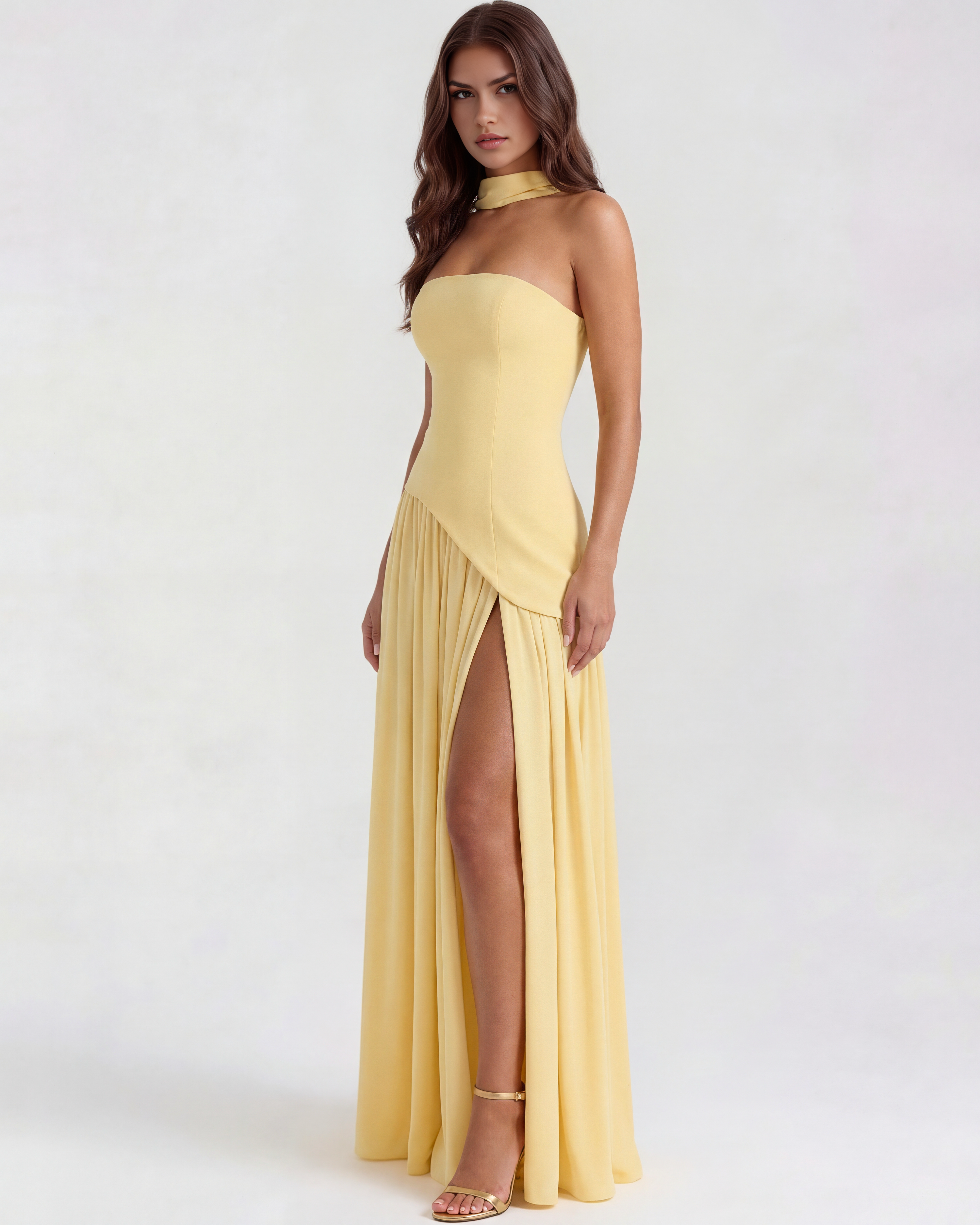 Serena Strapless Asymmetrical Maxi Wedding Guest Dress - Butter Yellow