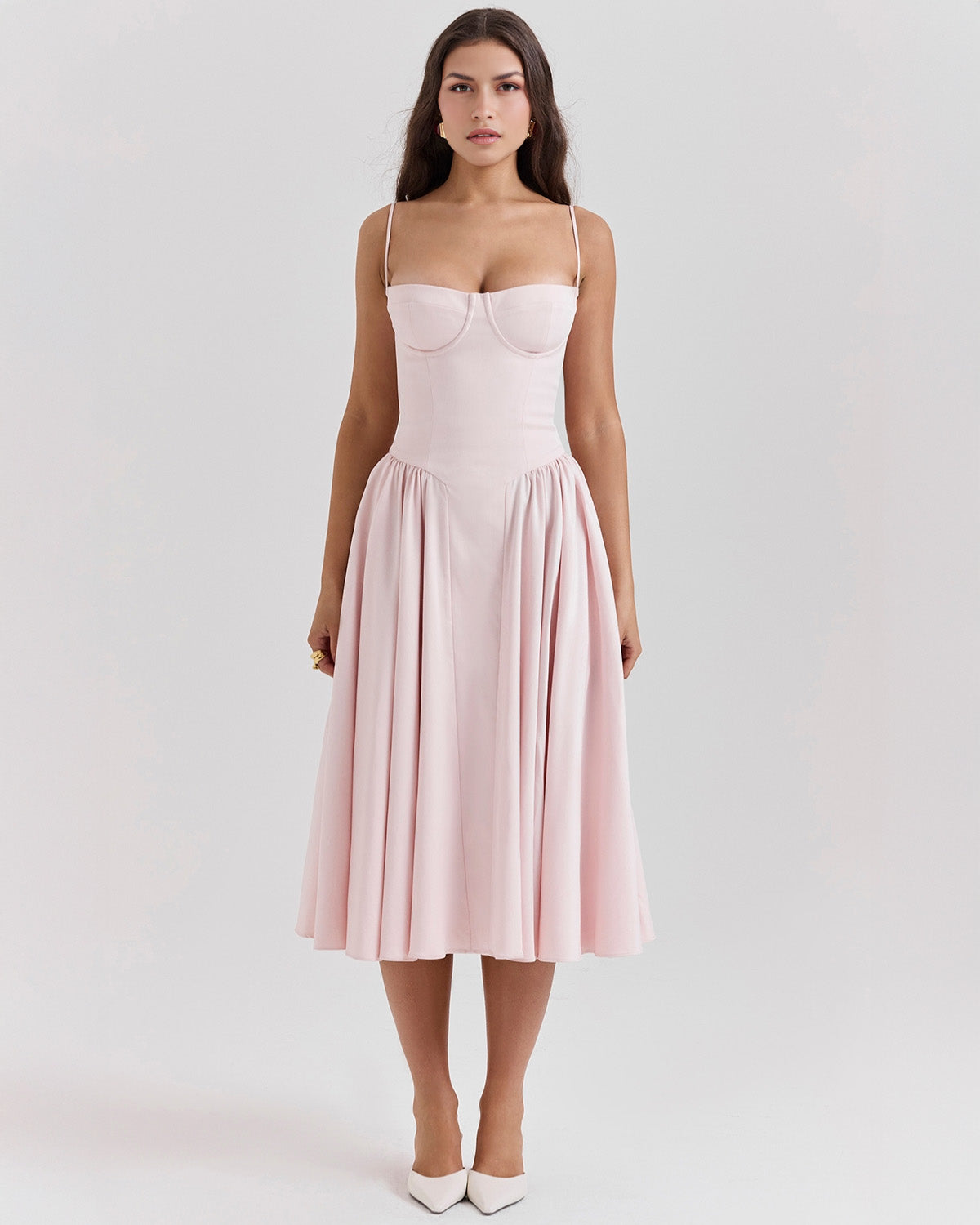 Francesca Ruched Sweetheart Neckline Midi Summer Dress - White