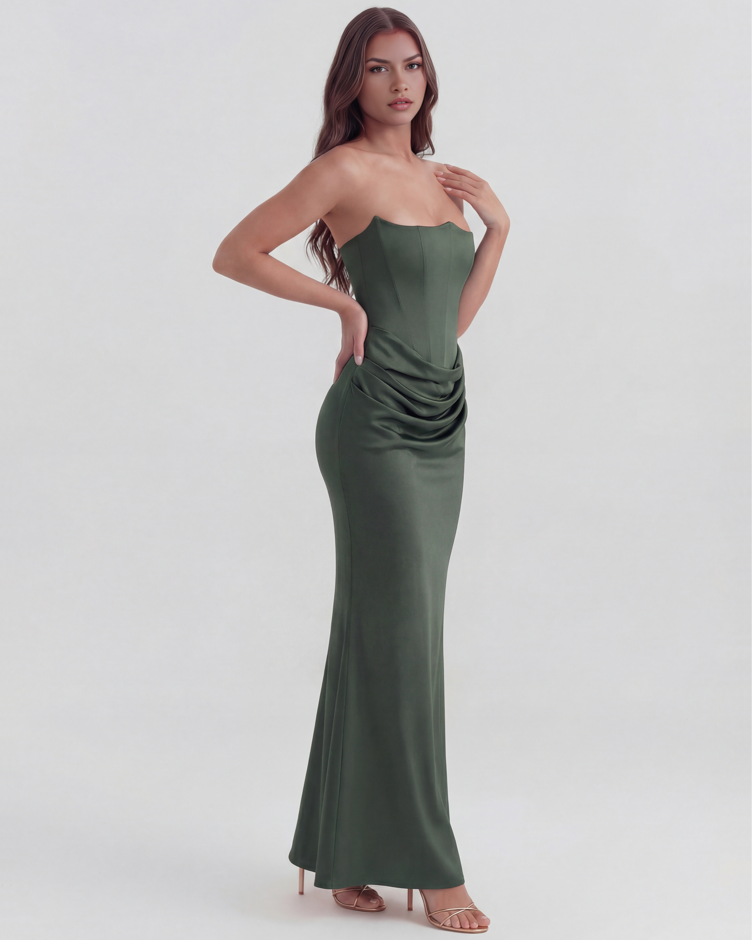 Rosalind Corset Fitted Maxi Evening Dress - Almond