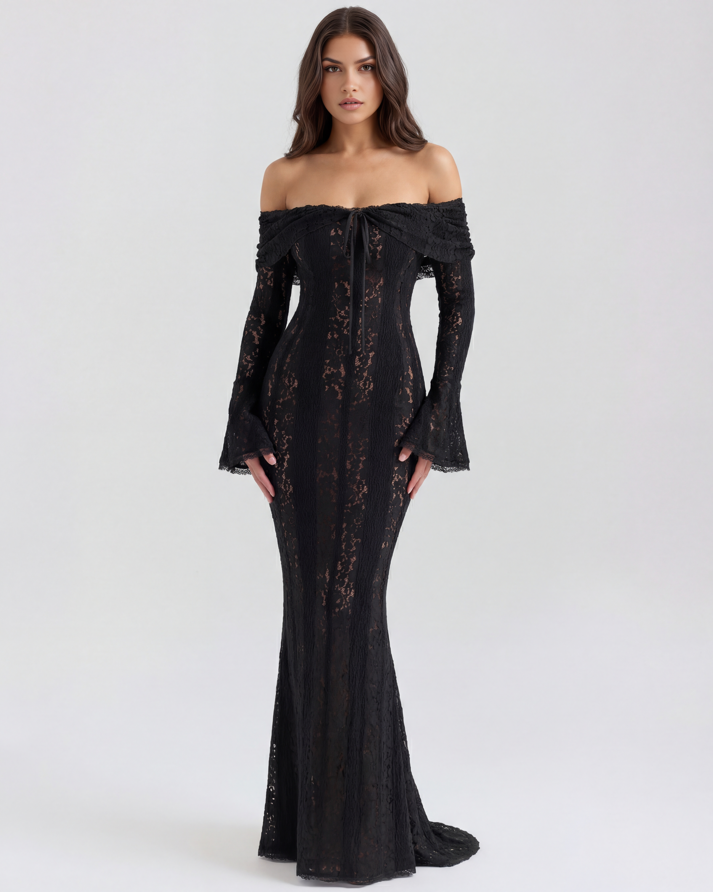 Alessandra Lace Off-Shoulder Maxi Evening Dress - Black