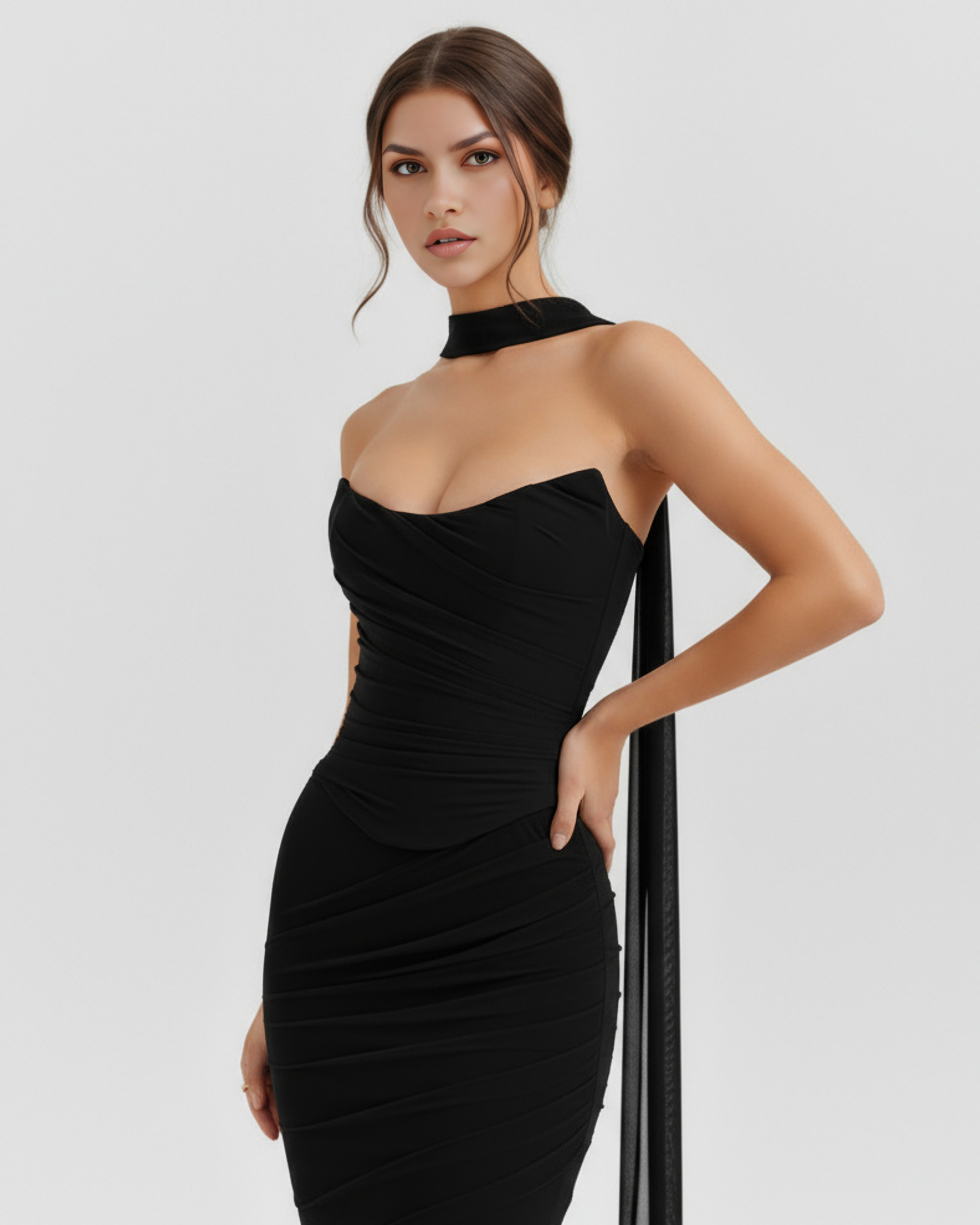 Malu Mesh Ruched Maxi Evening Dress - Black