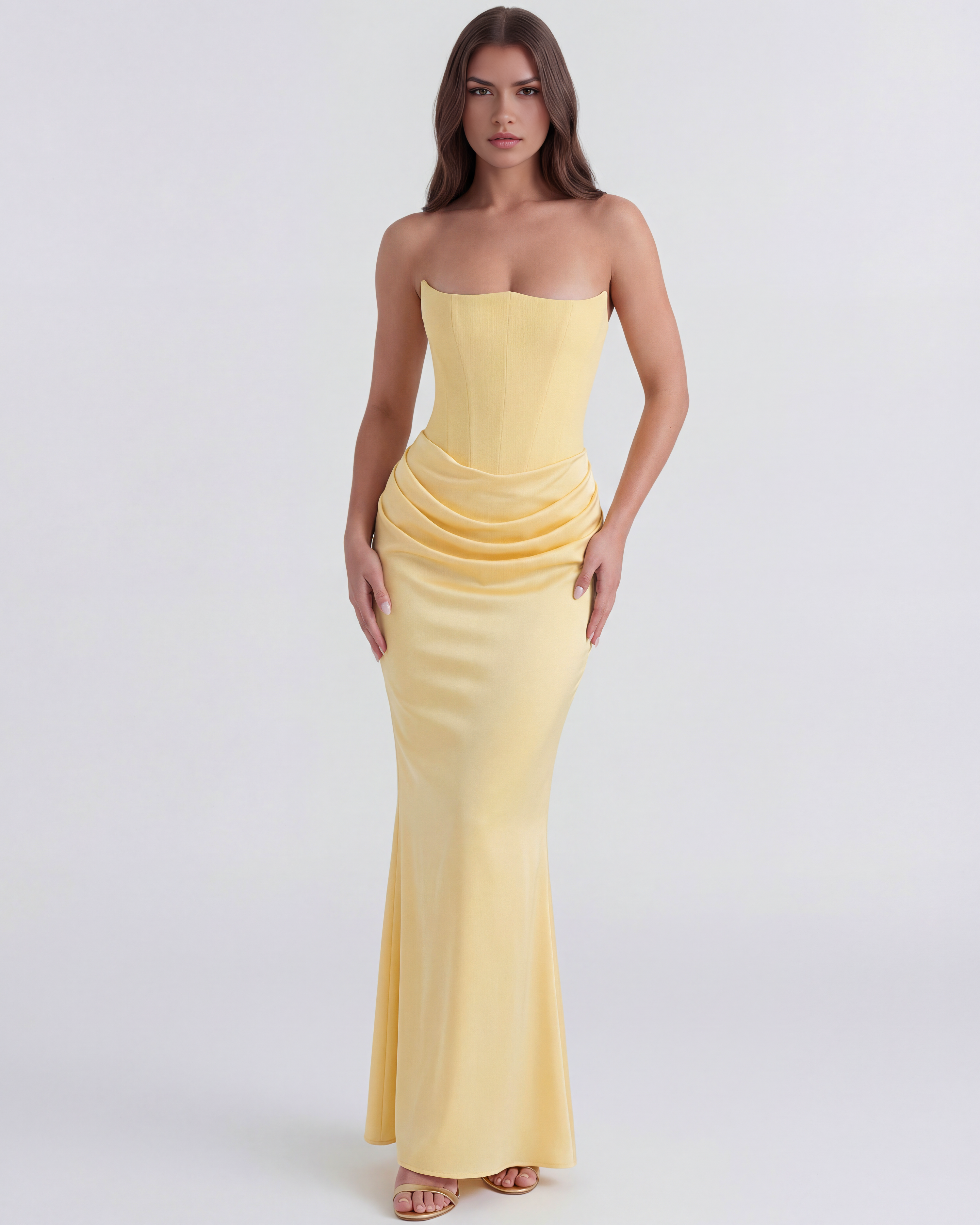 Rosalind Fitted Corset Maxi Wedding Guest Dress - Butter Yellow