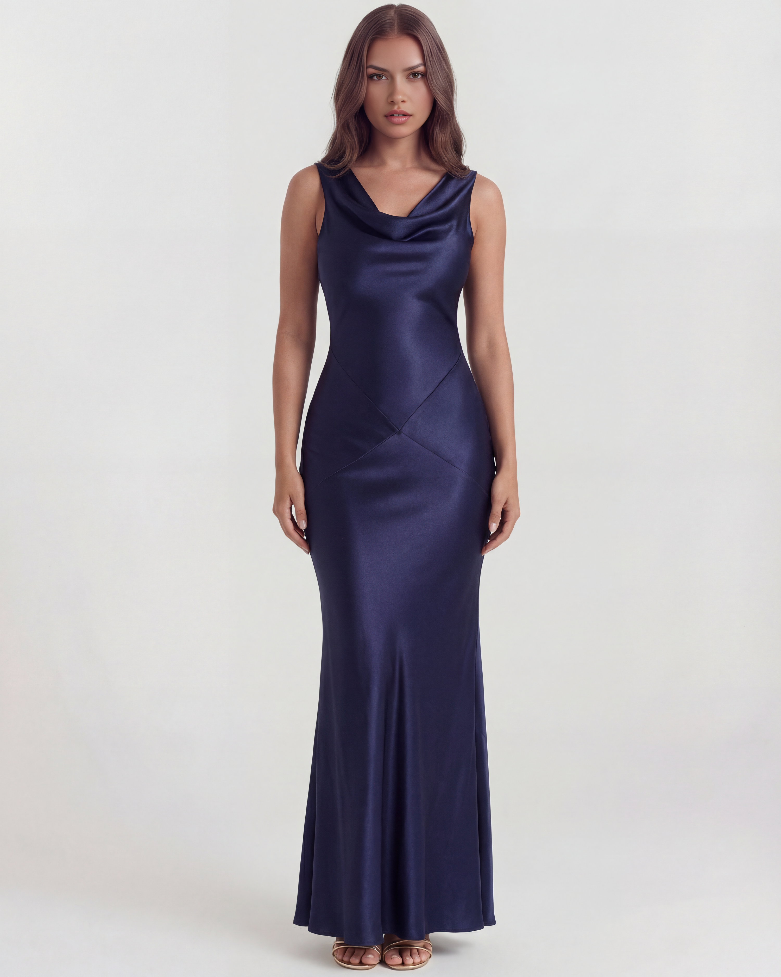 Sapphire Satin Cowl Neck Maxi Evening Dress - Blue