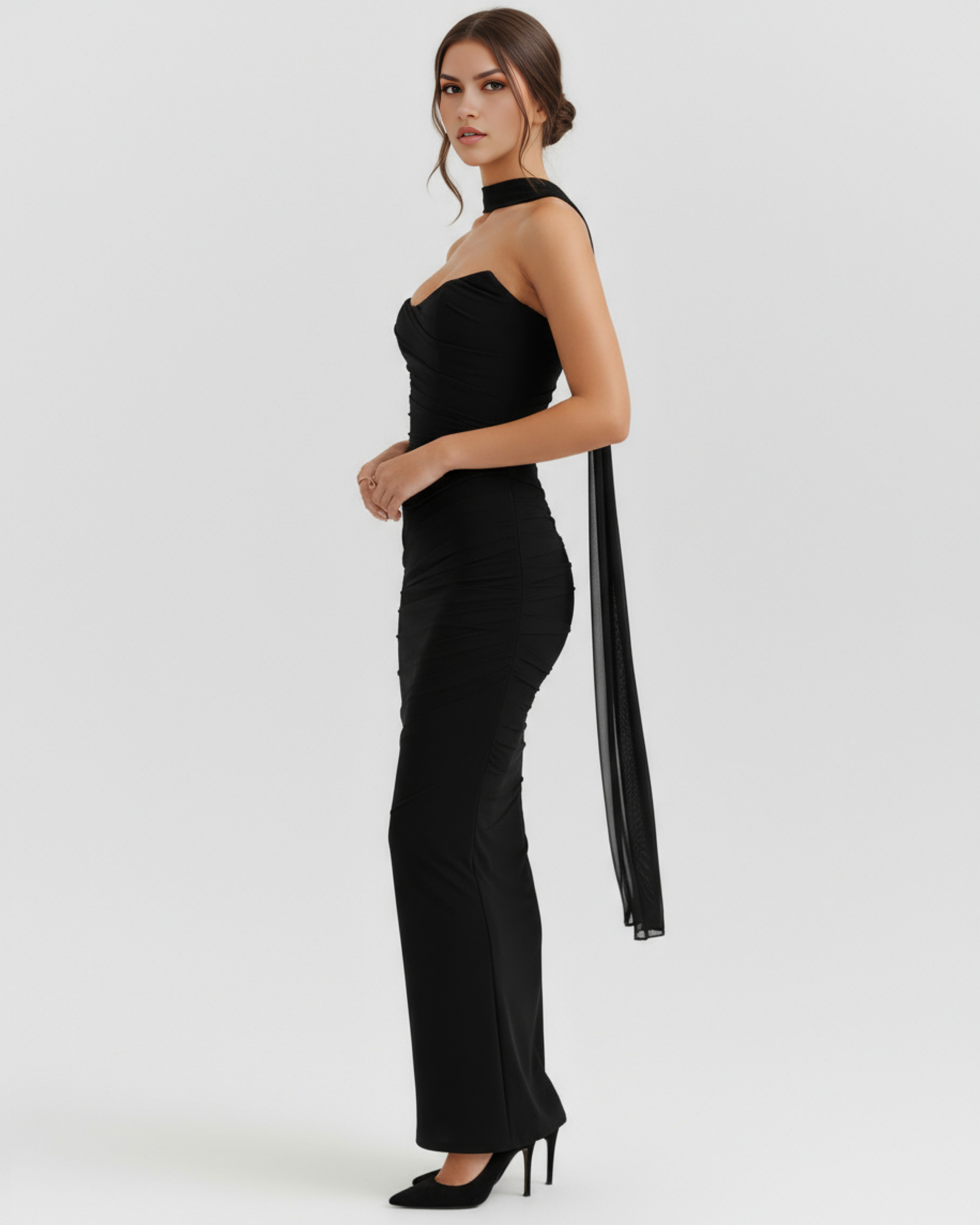 Malu Mesh Ruched Maxi Evening Dress - Black