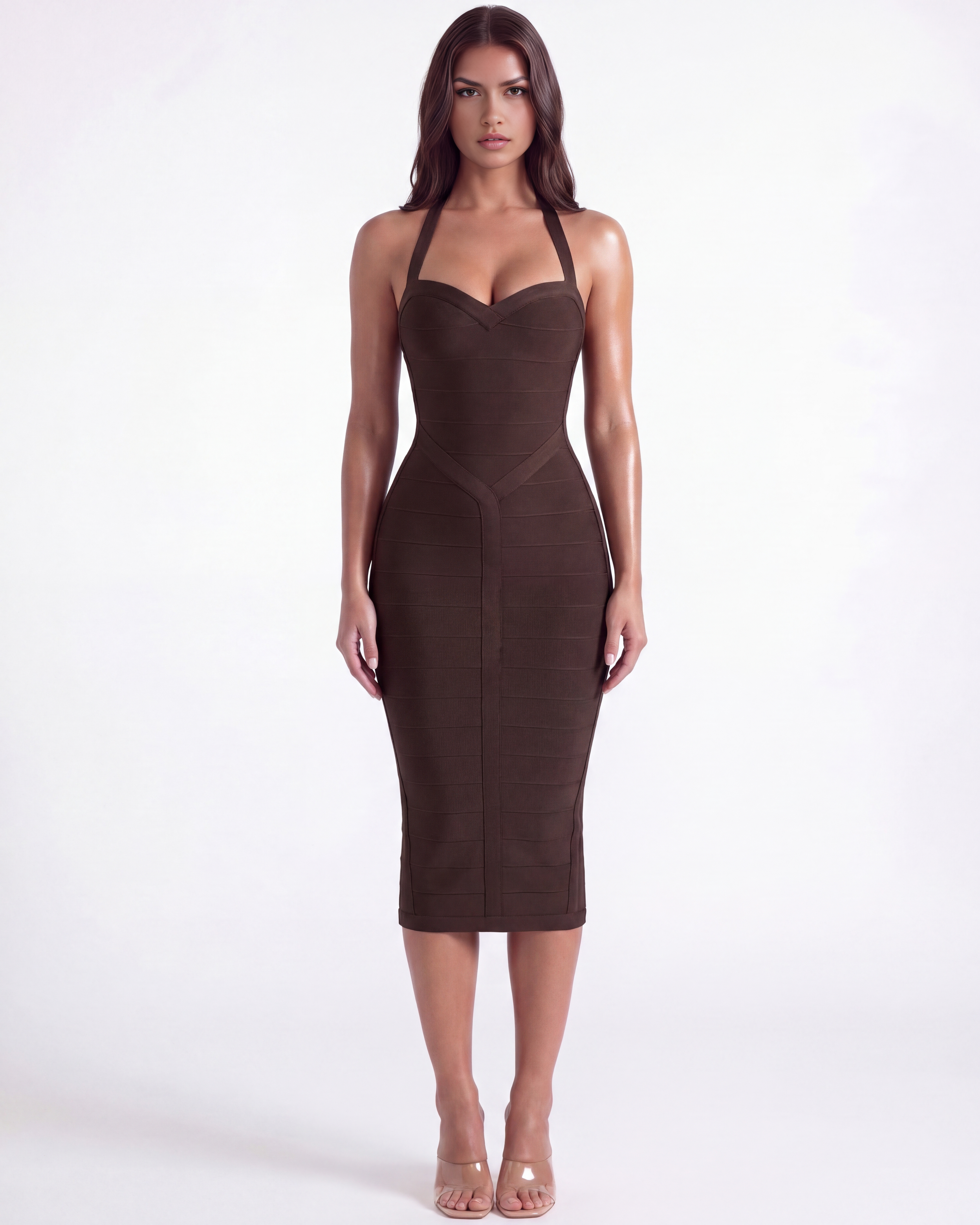 Kelly Bodycon Sweetheart Midi Cocktail Dress - Almond