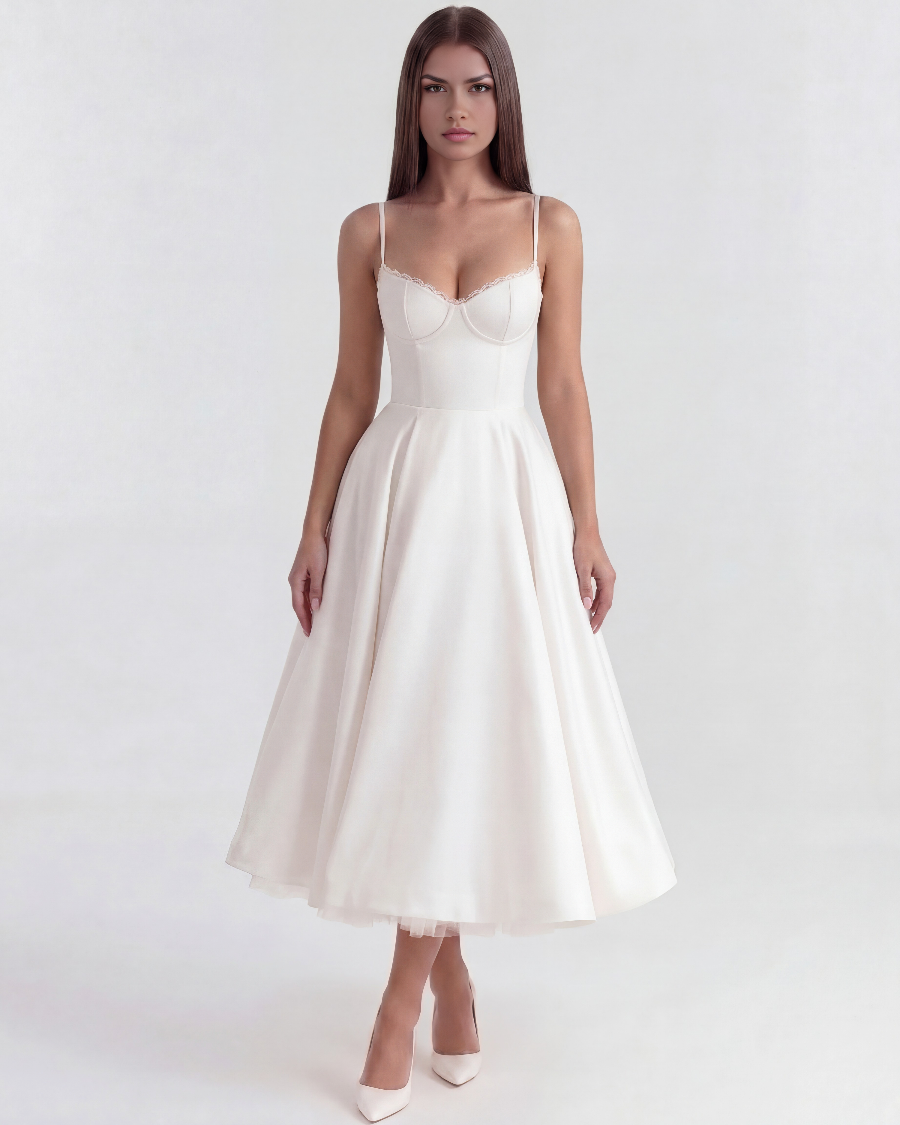 Selene Satin Mesh Midi Wedding Guest Dress - Champagne