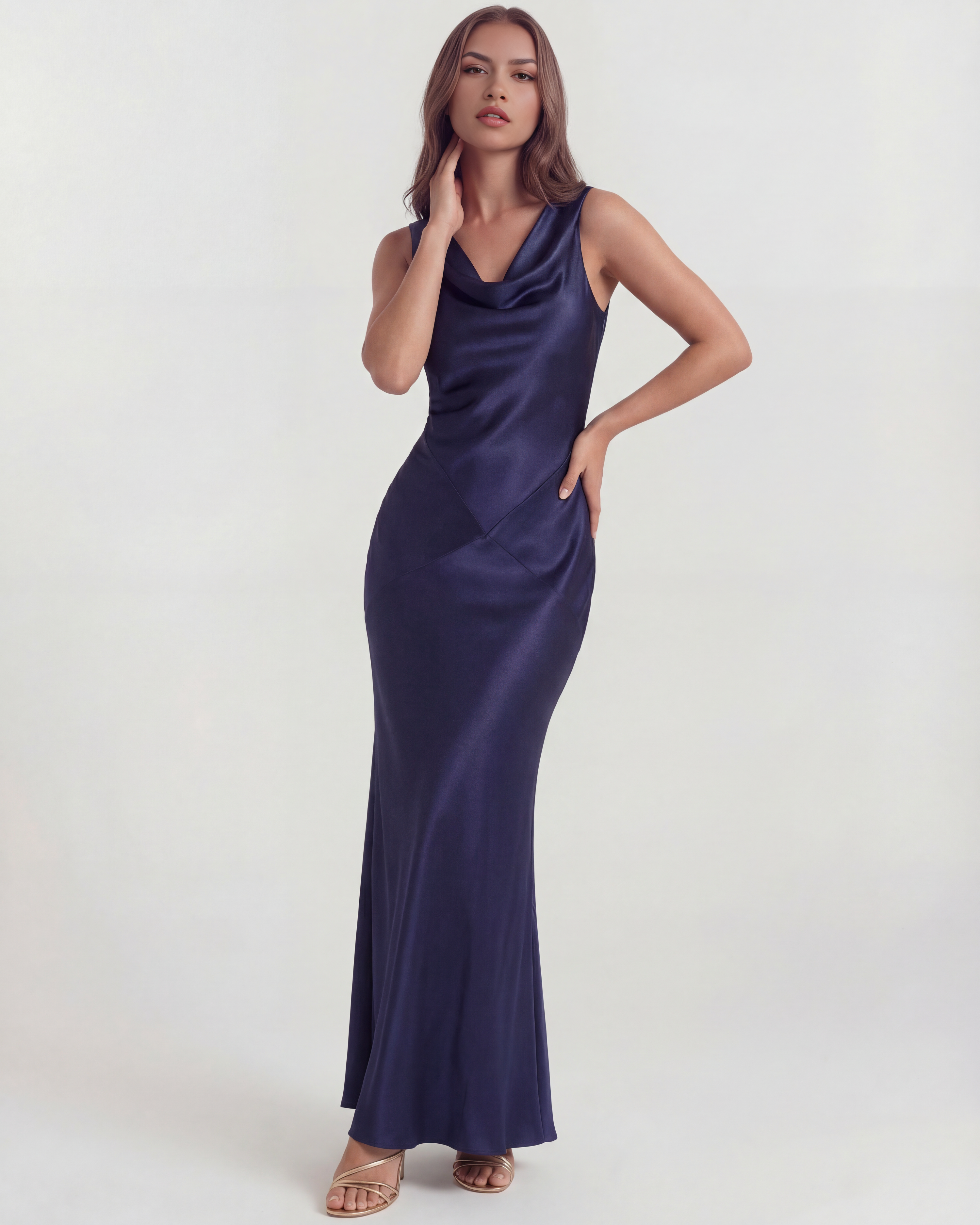 Sapphire Satin Cowl Neck Maxi Evening Dress - Blue