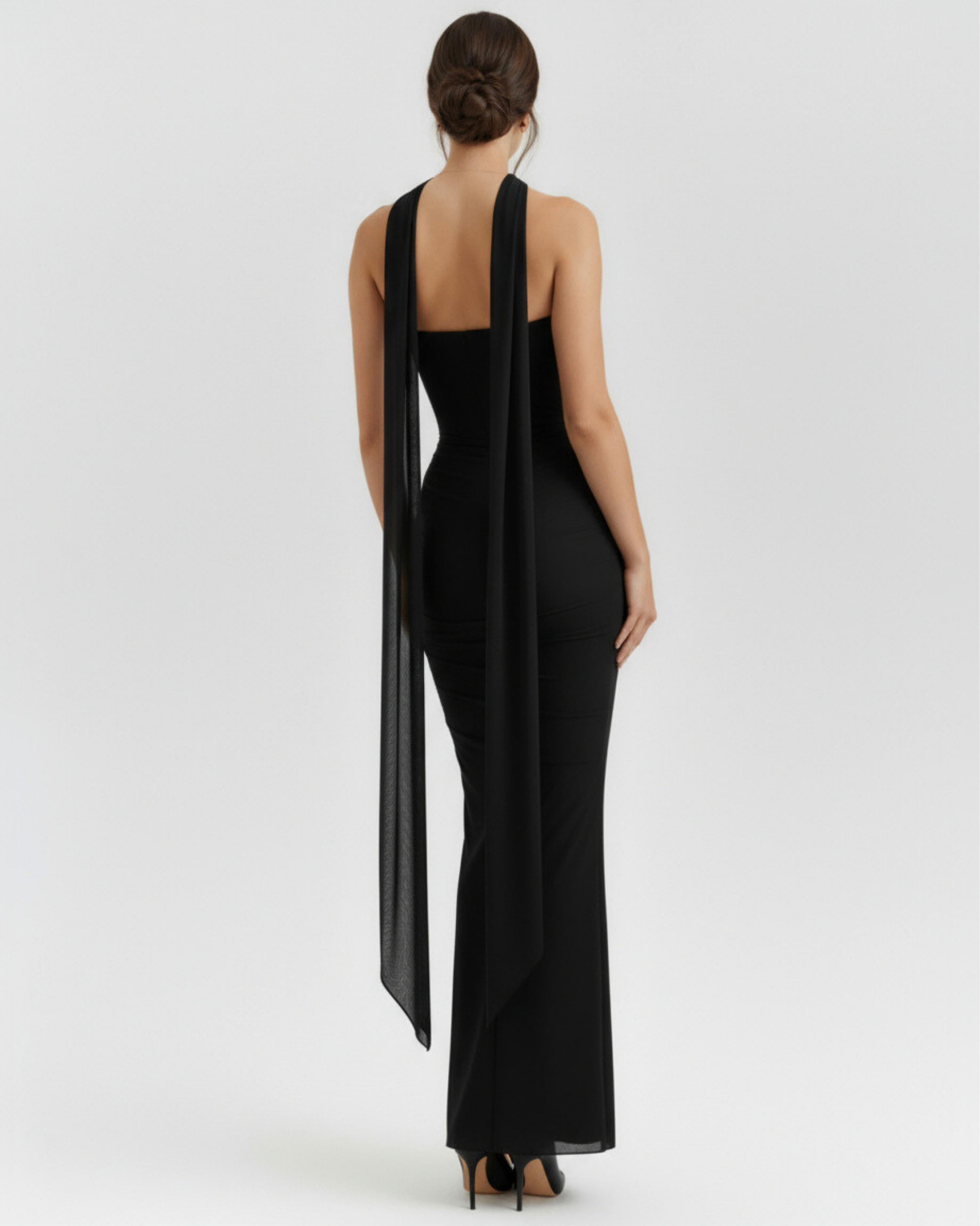 Malu Mesh Ruched Maxi Evening Dress - Black