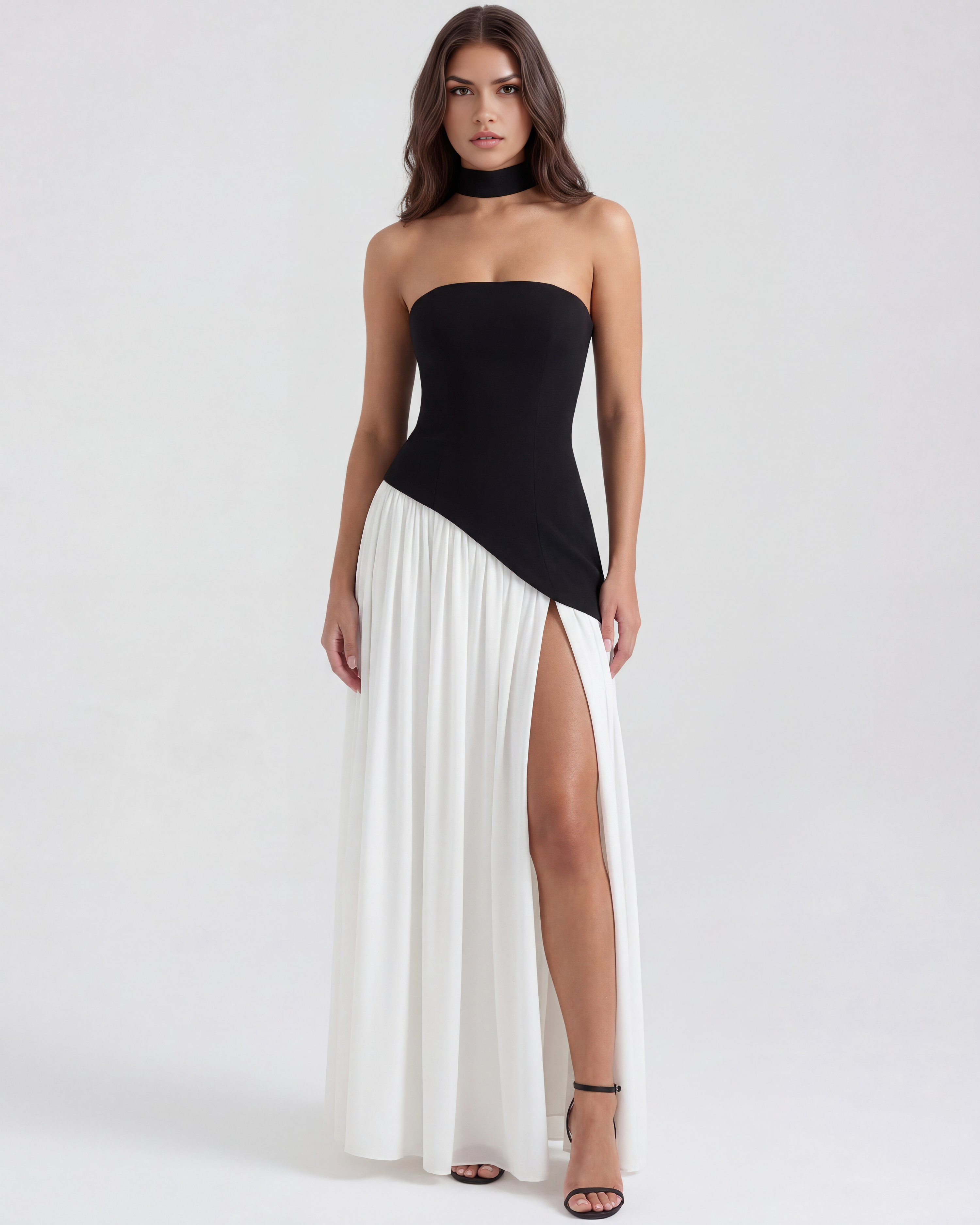 Serena Strapless Maxi Evening Dress - Black and White
