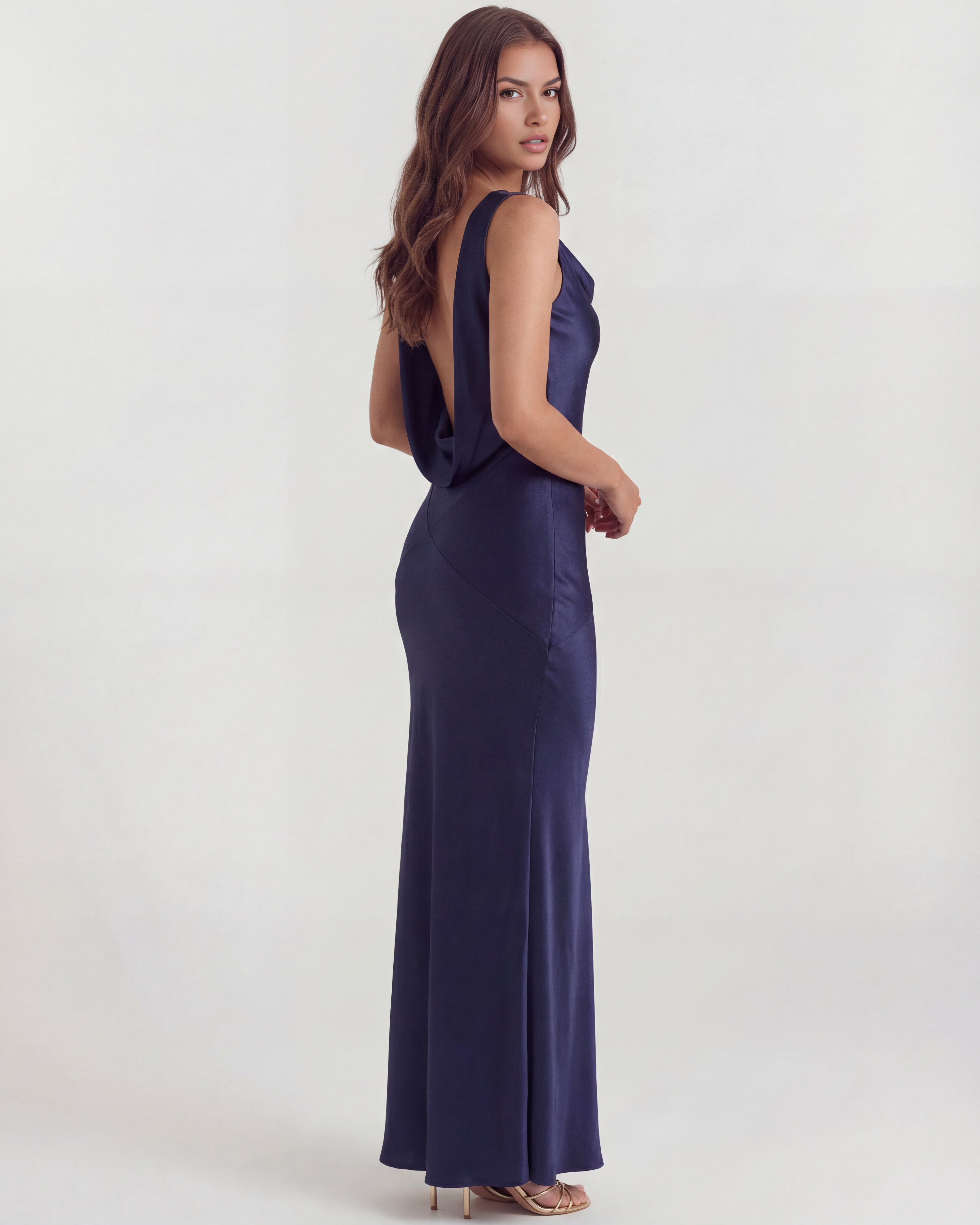 Sapphire Satin Cowl Neck Maxi Evening Dress - Blue