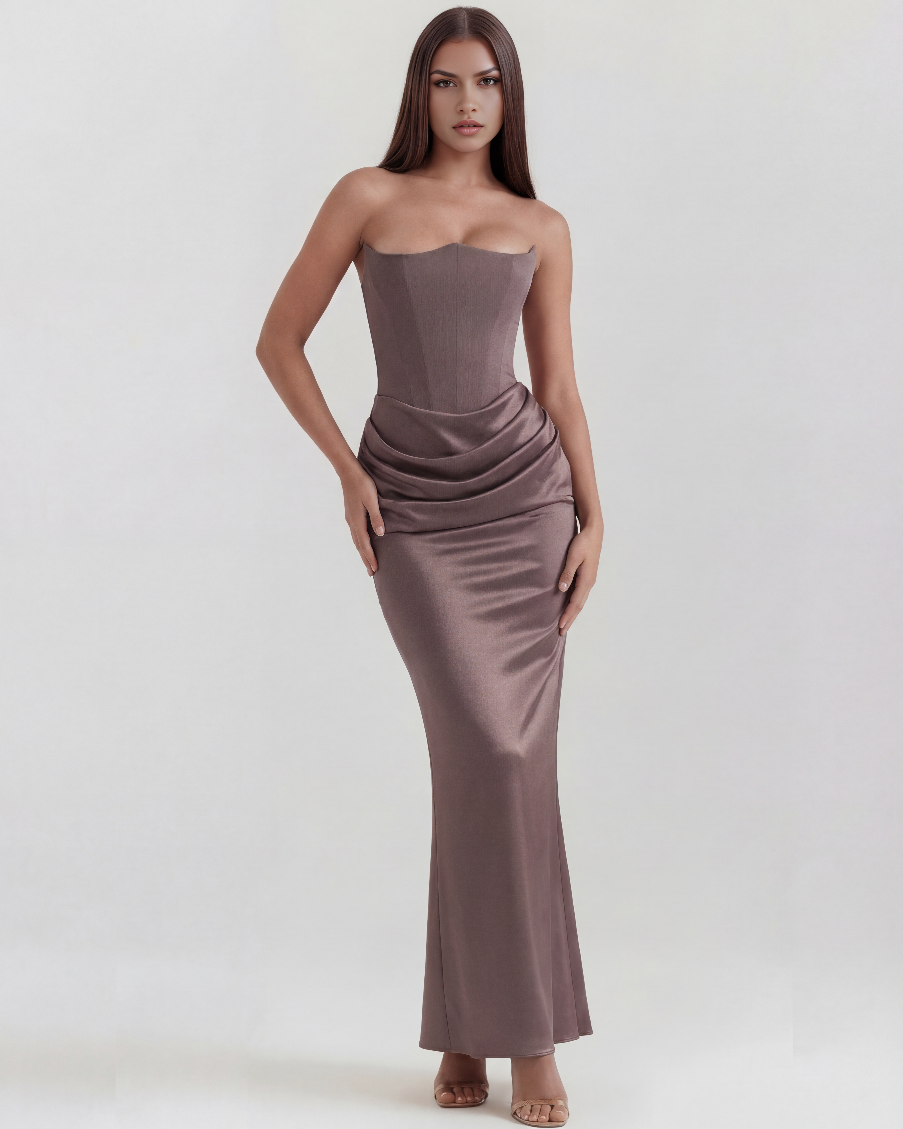 Rosalind Fitted Corset Maxi Evening Dress - Almond