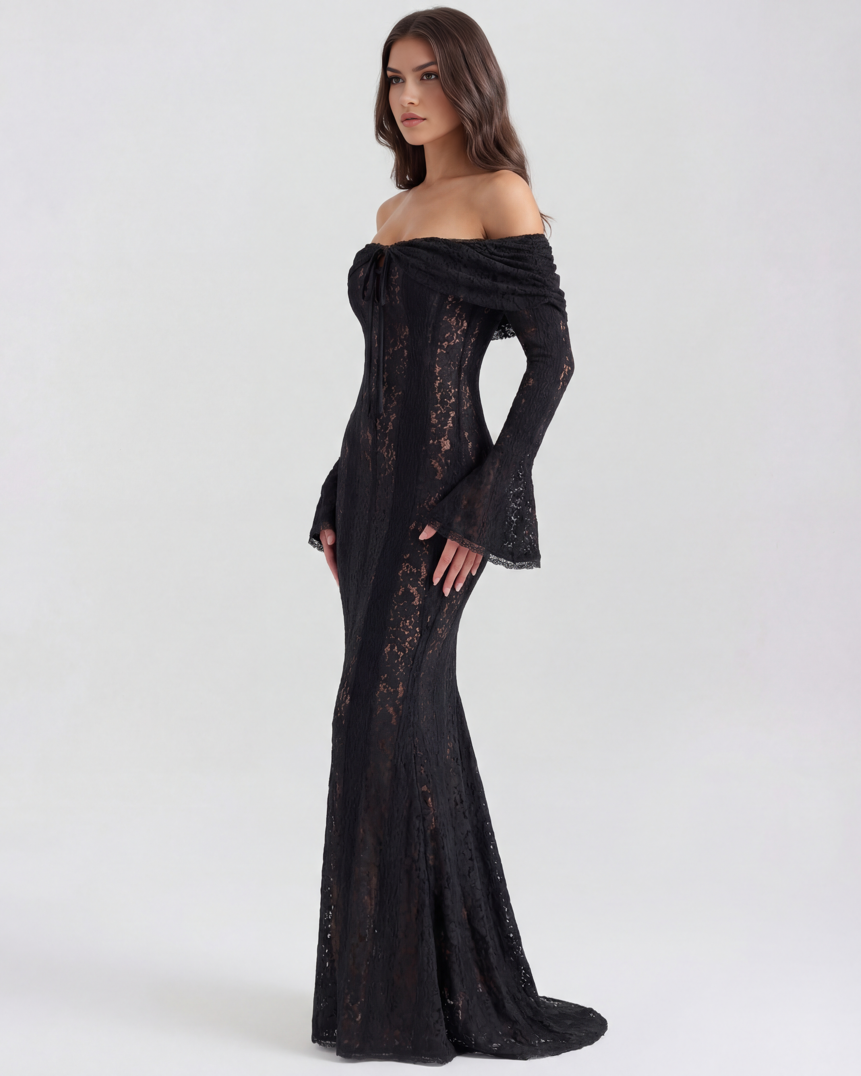 Alessandra Lace Off-Shoulder Maxi Evening Dress - Black