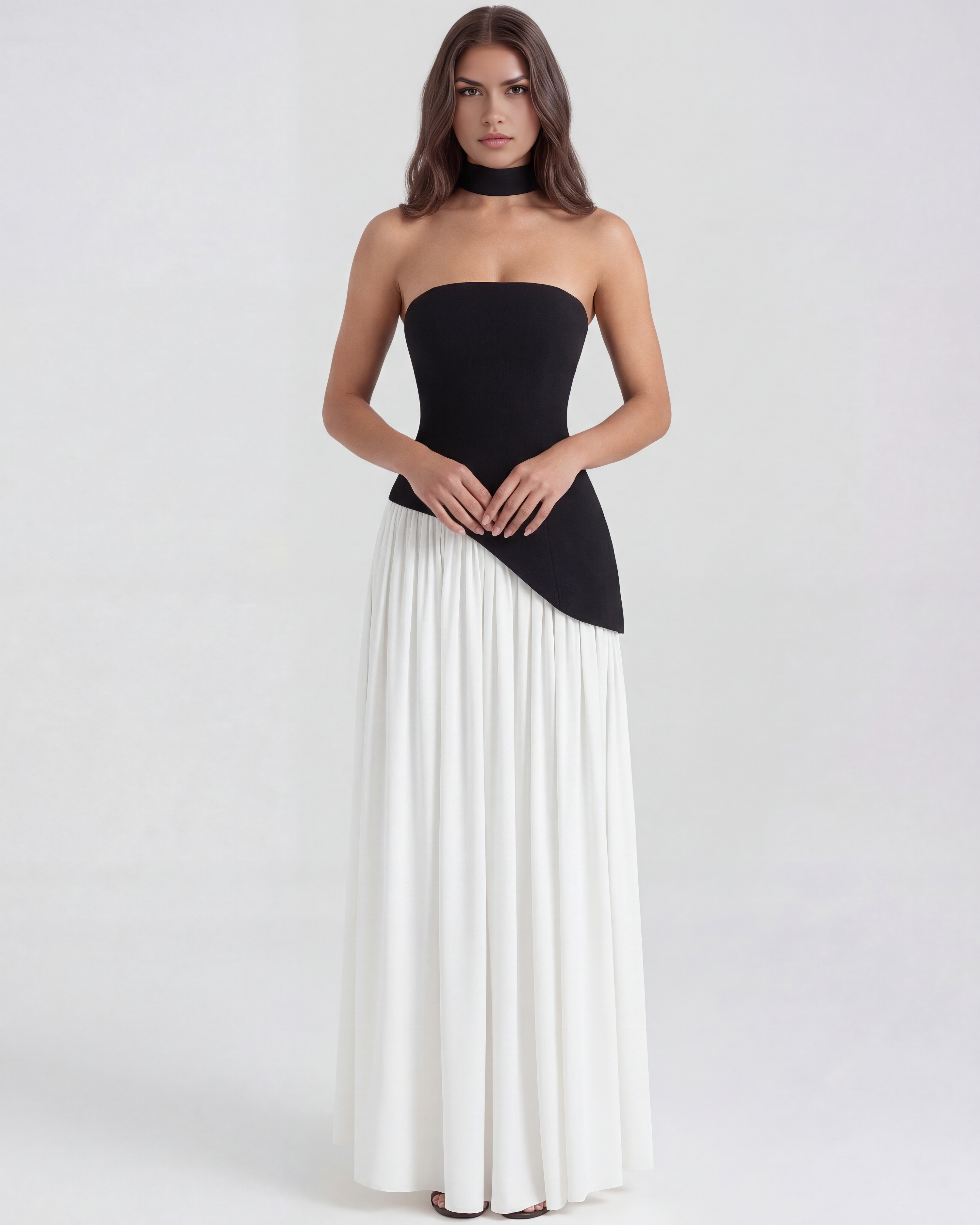 Serena Strapless Maxi Evening Dress - Black and White