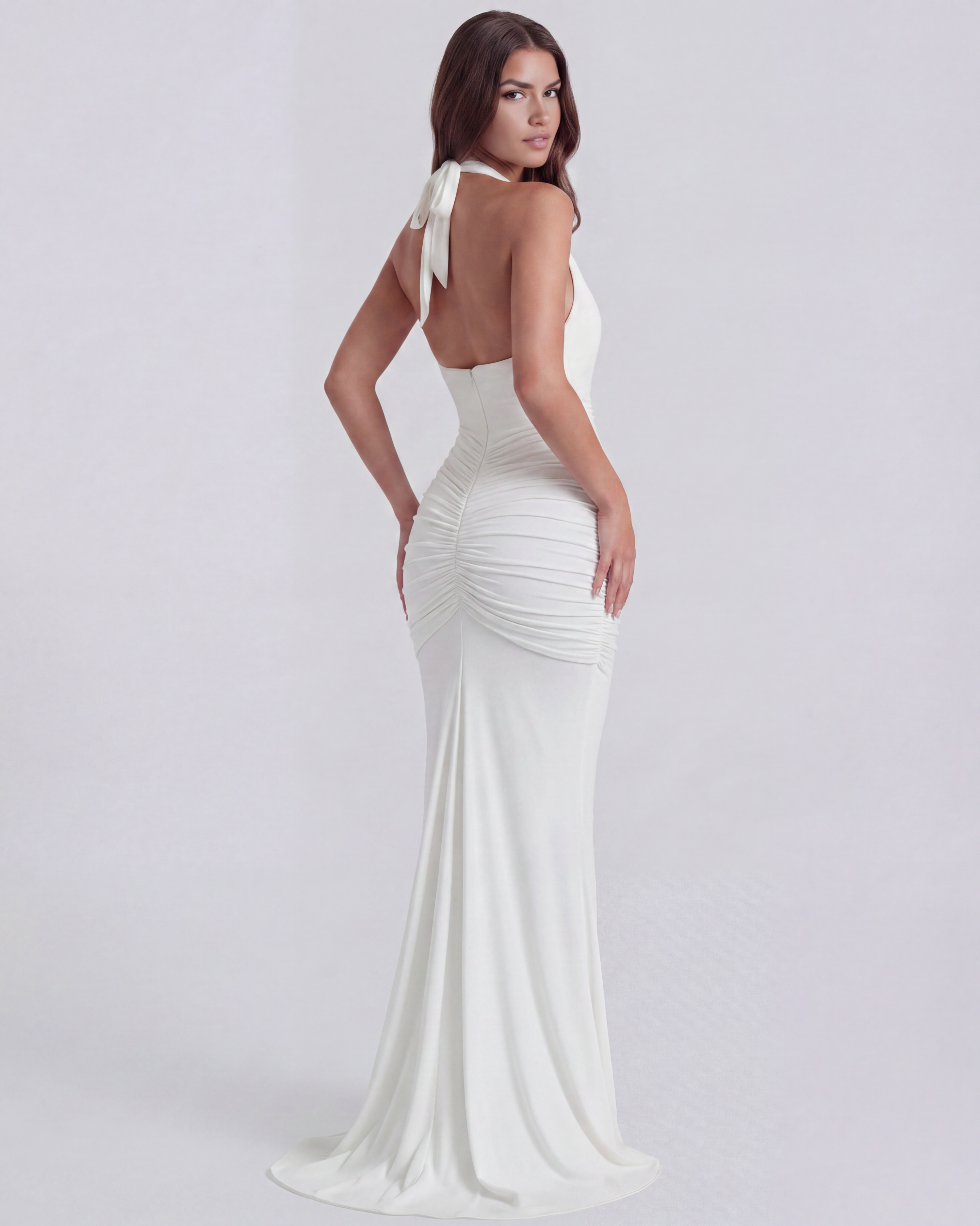 Ariel Ruched Plunging Maxi Evening Dress - White