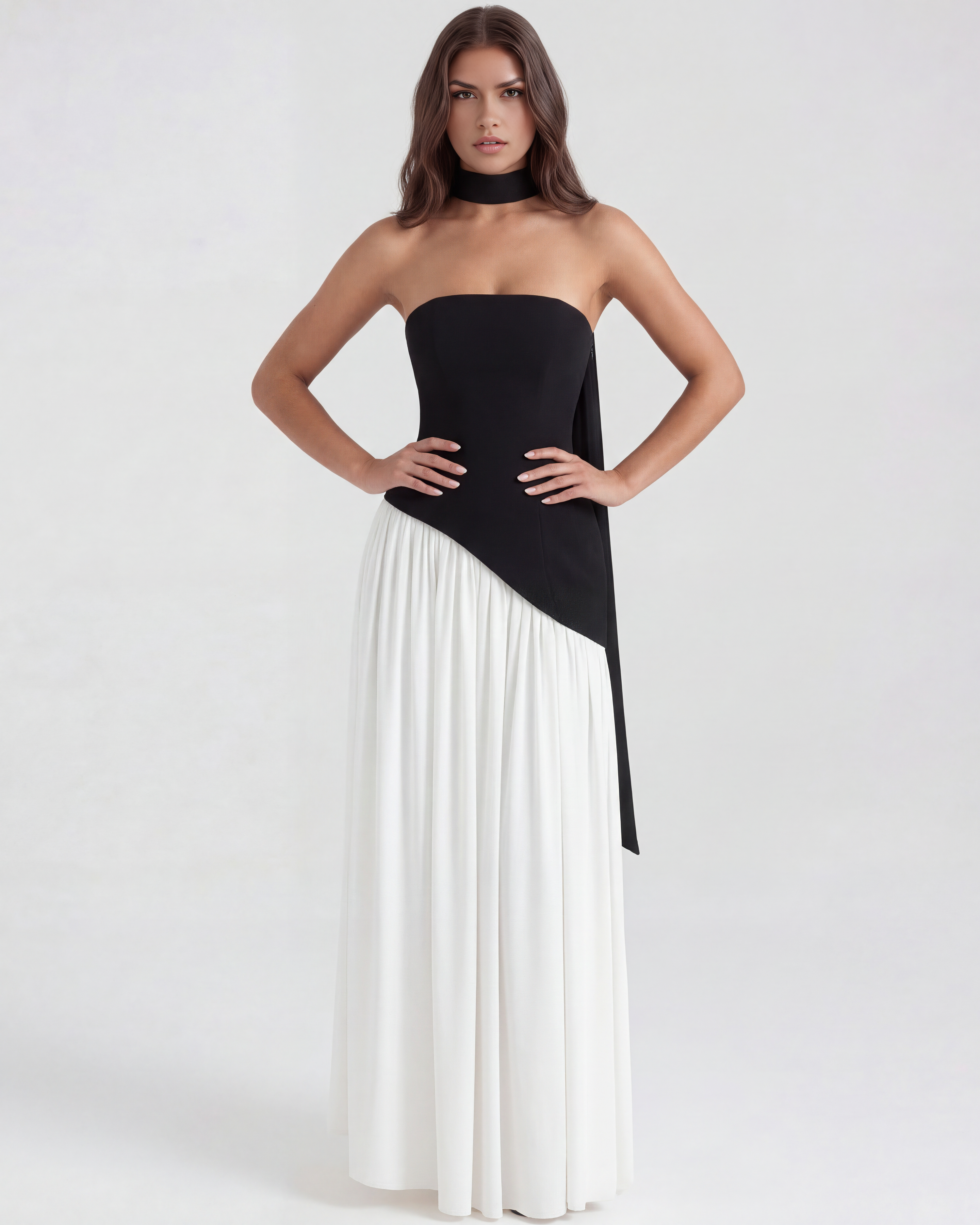 Serena Strapless Maxi Evening Dress - Black and White