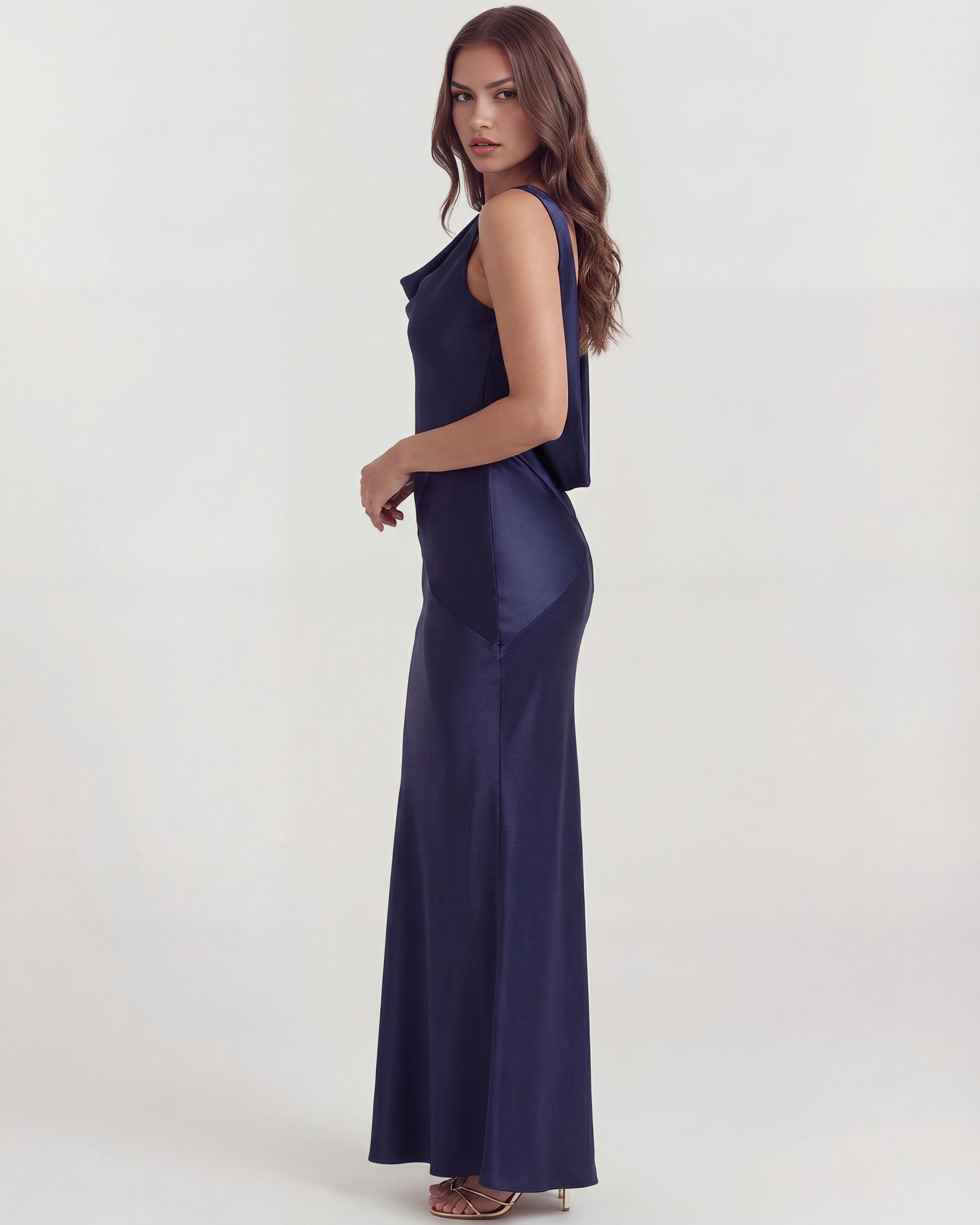 Sapphire Satin Cowl Neck Maxi Evening Dress - Blue