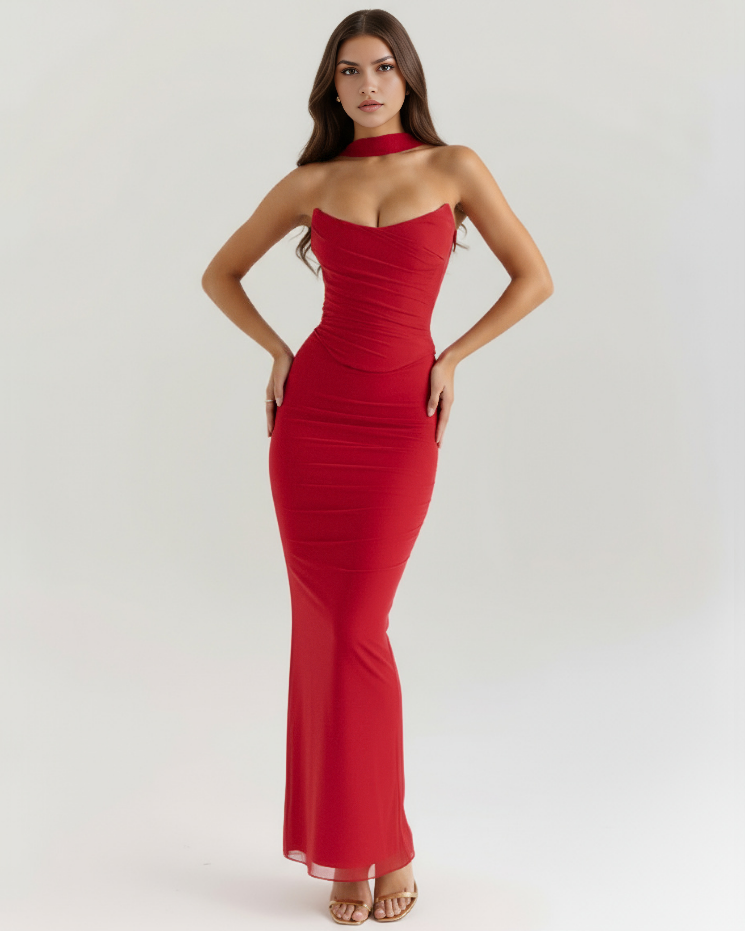 Malu Mesh Ruched Maxi Evening Dress - Black