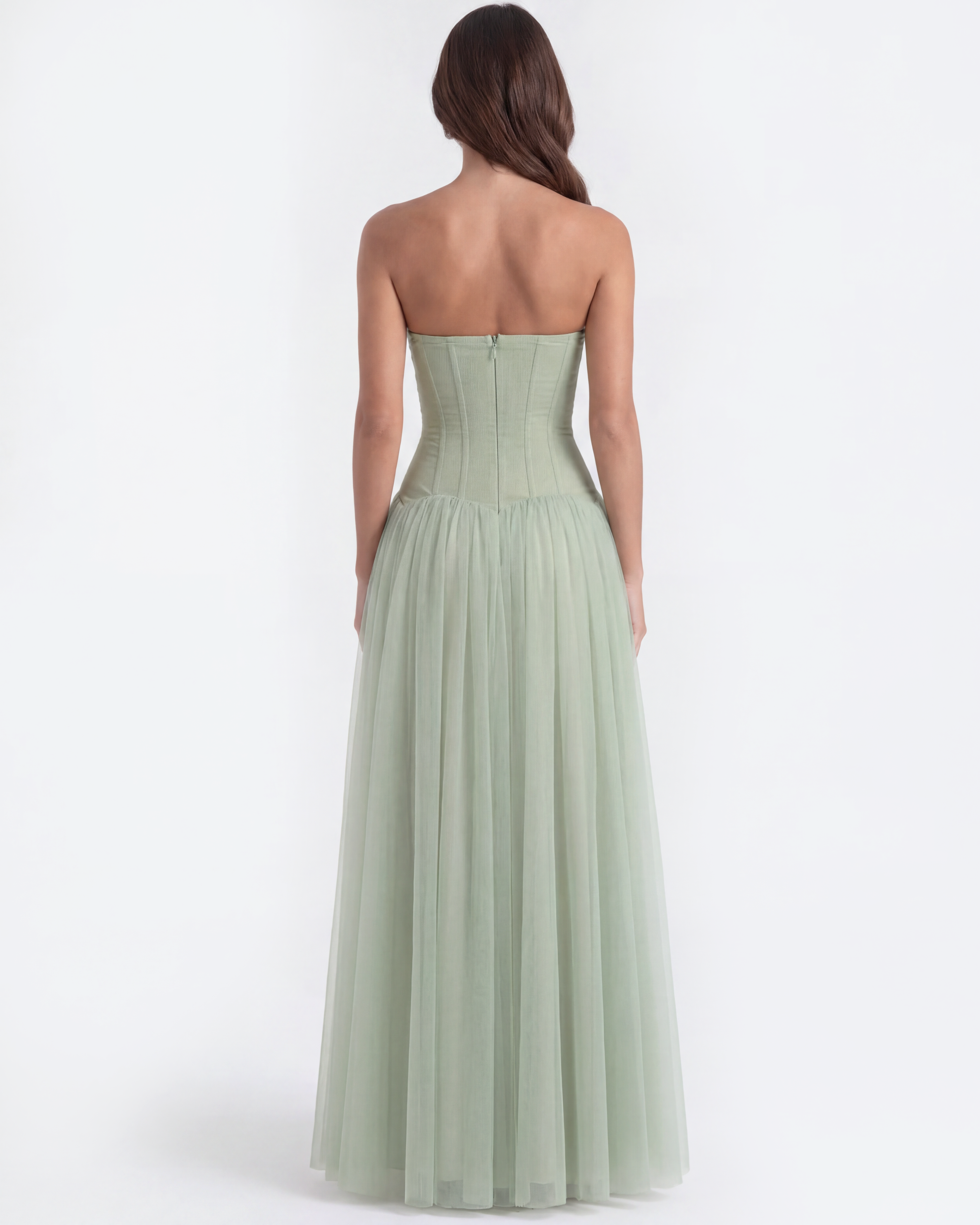Arabella Strapless Mesh Maxi Wedding Guest Dress - Mint