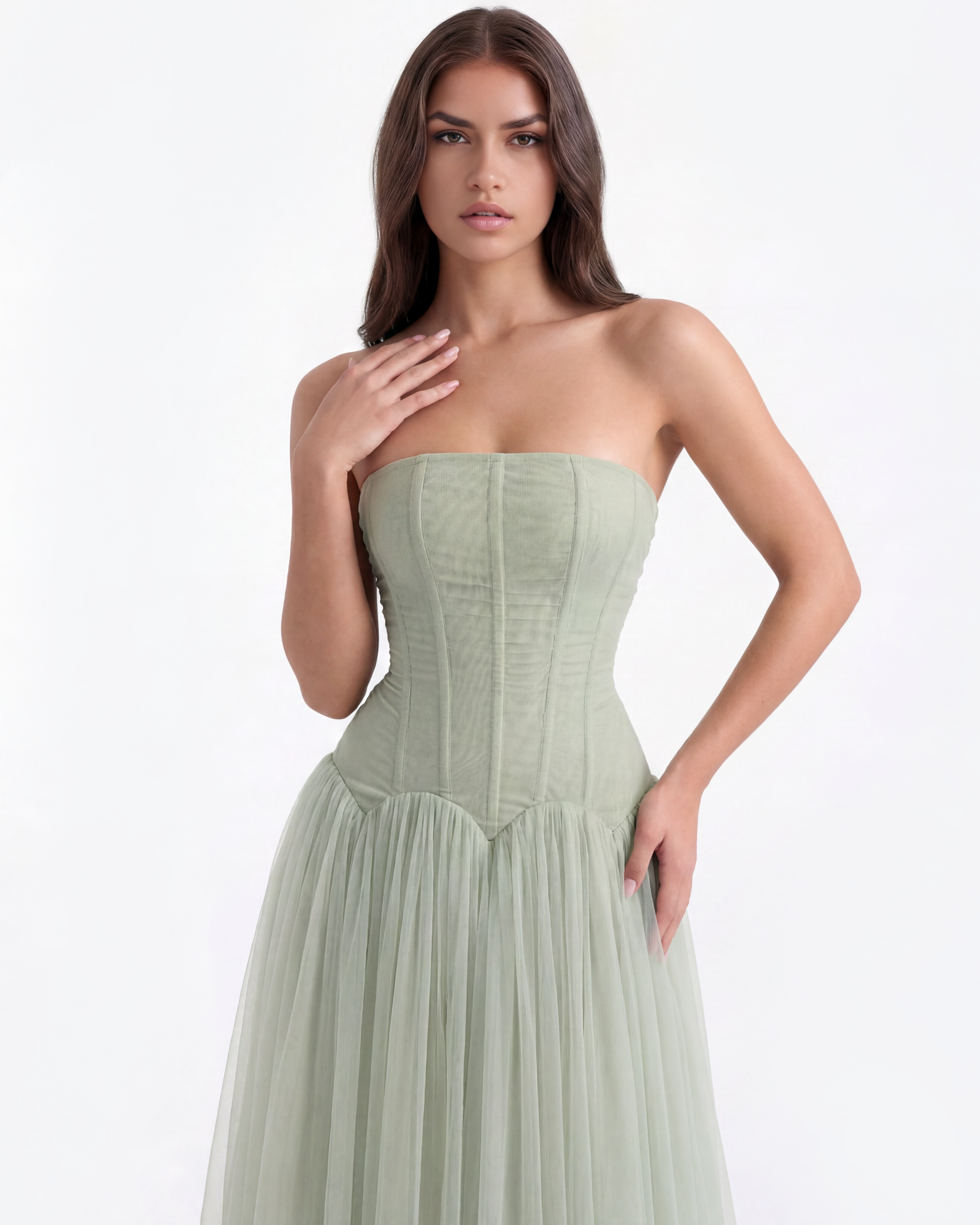 Arabella Strapless Mesh Maxi Wedding Guest Dress - Mint