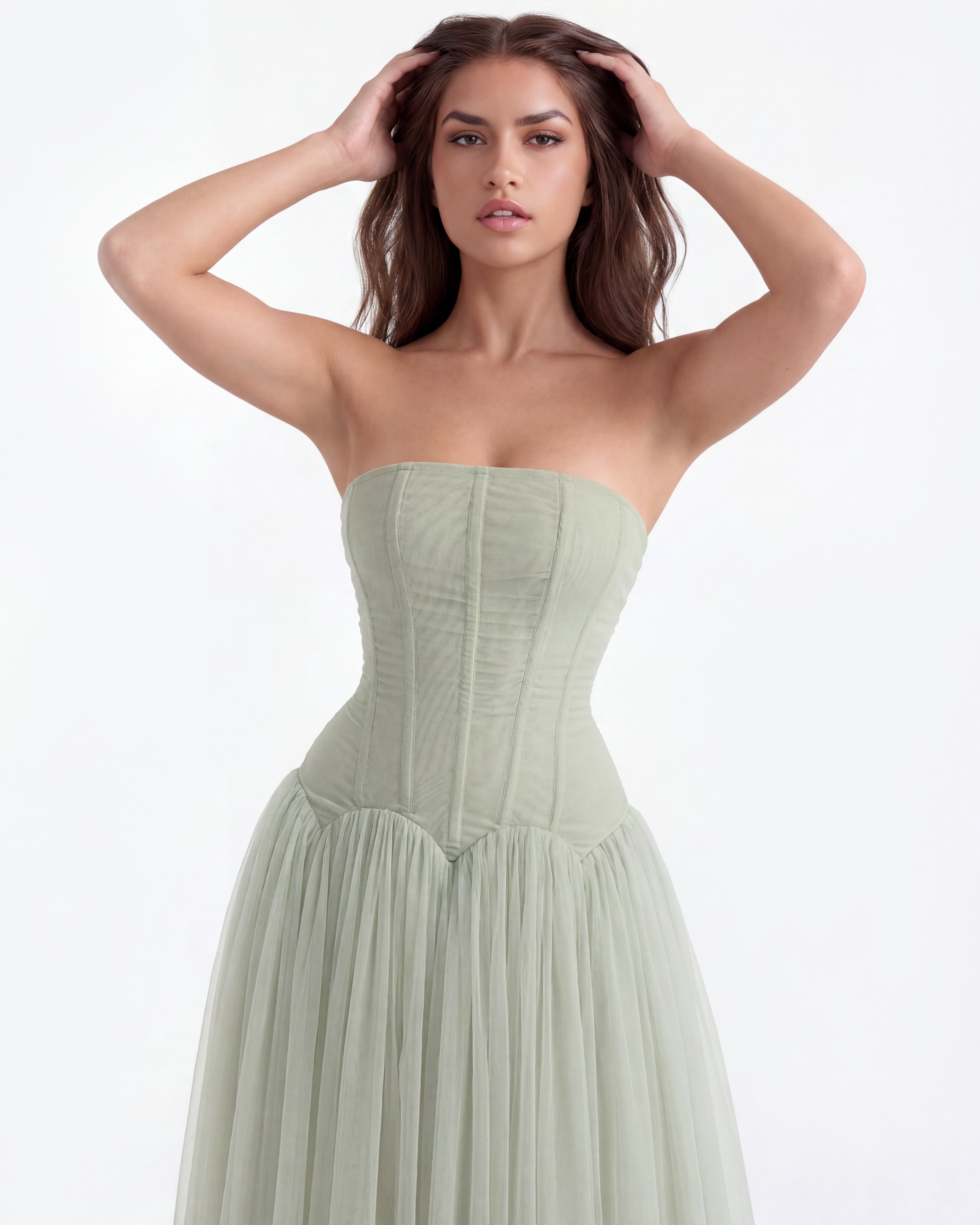 Arabella Strapless Mesh Maxi Wedding Guest Dress - Mint