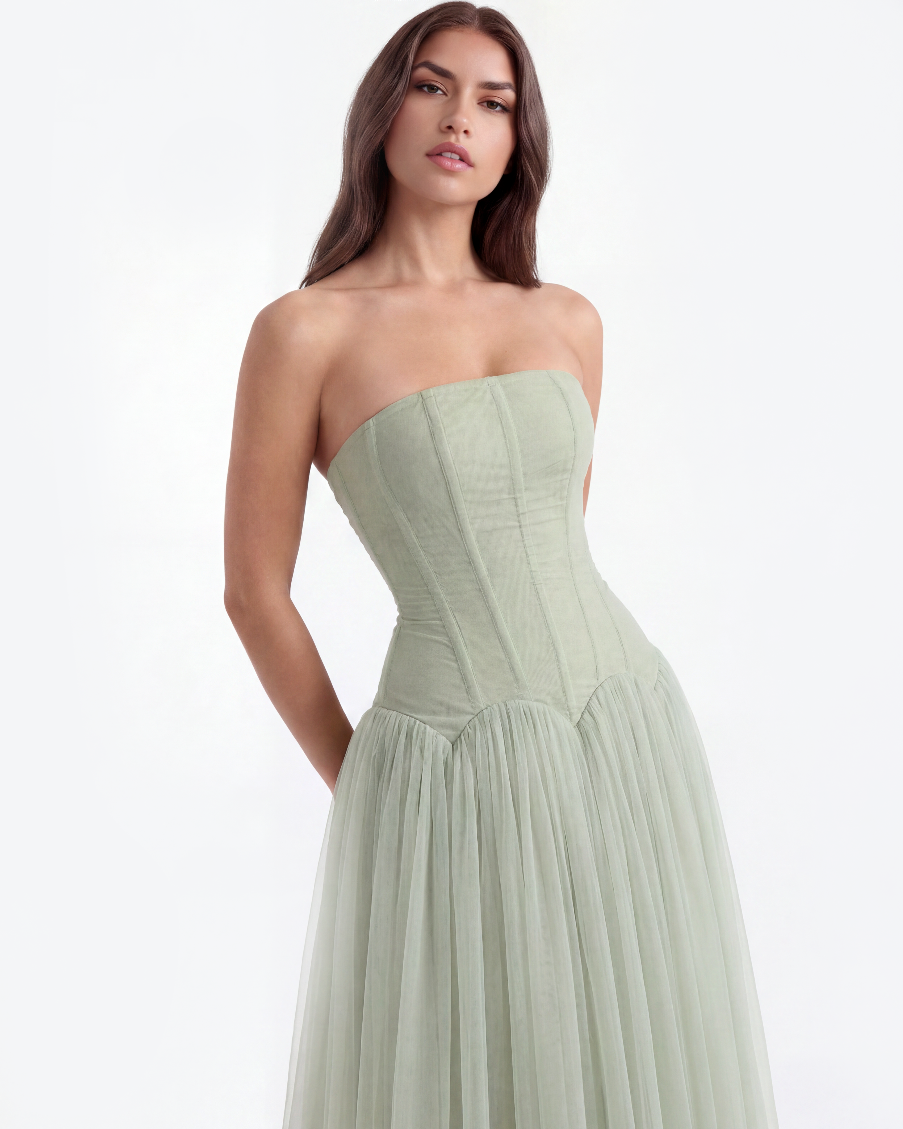 Arabella Strapless Mesh Maxi Wedding Guest Dress - Mint