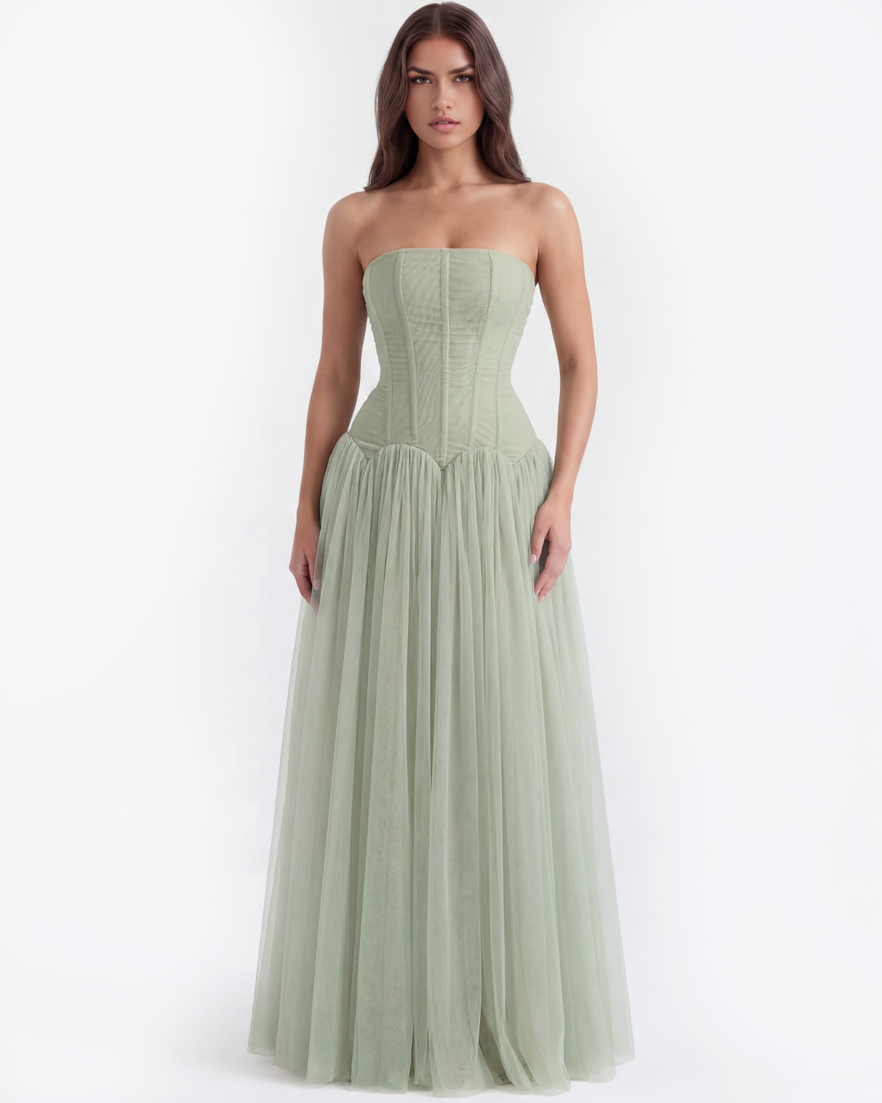 Arabella Strapless Mesh Maxi Wedding Guest Dress - Mint