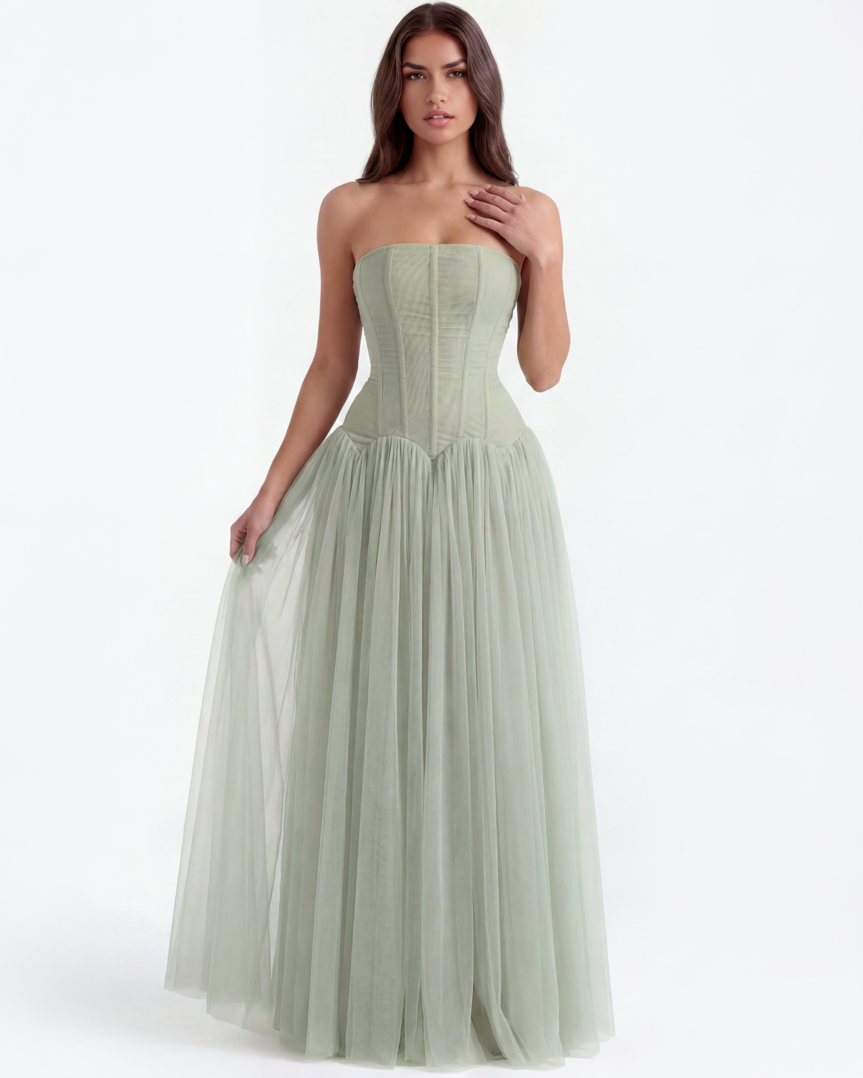 Arabella Strapless Mesh Maxi Wedding Guest Dress - Mint