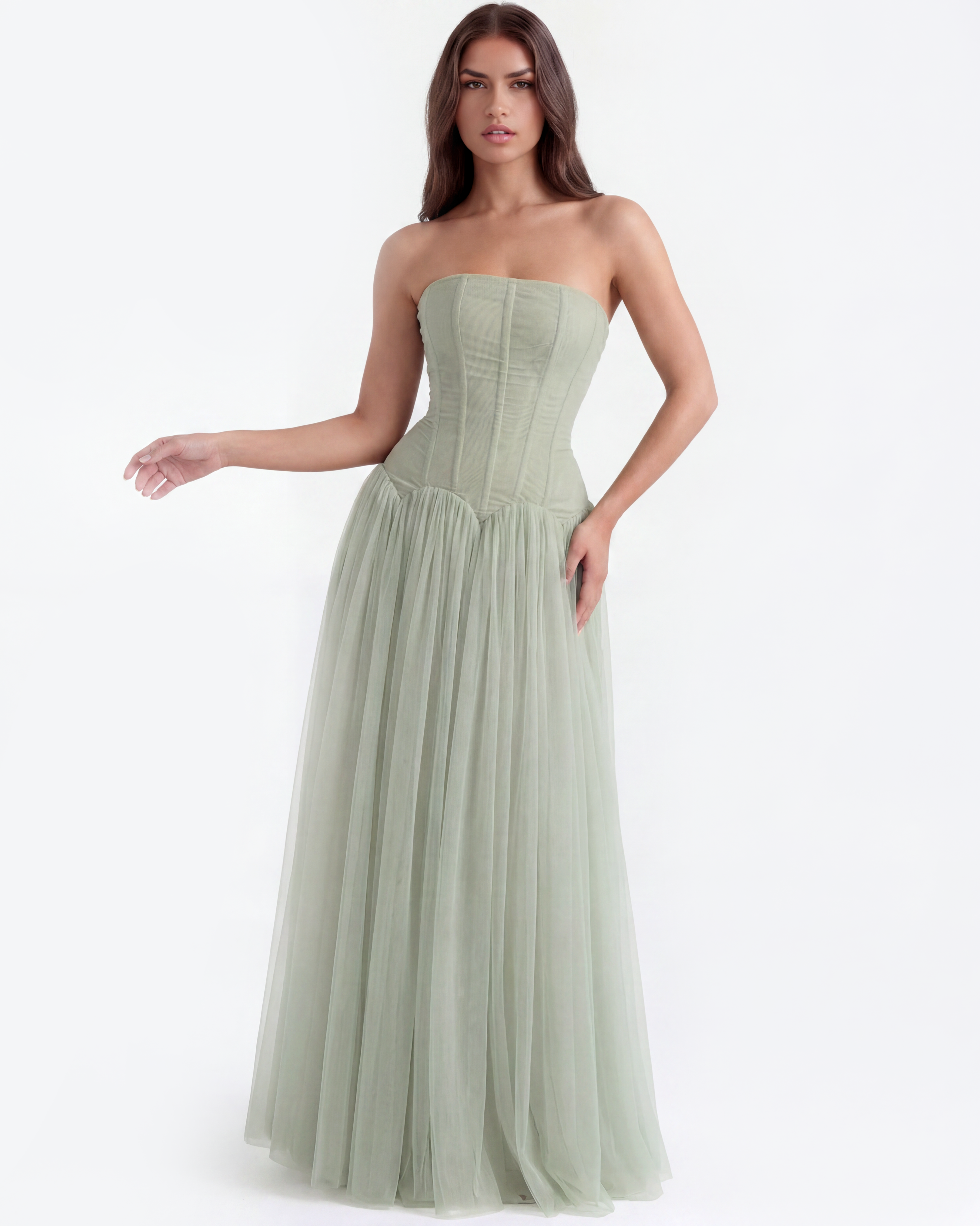 Arabella Strapless Mesh Maxi Wedding Guest Dress - Mint
