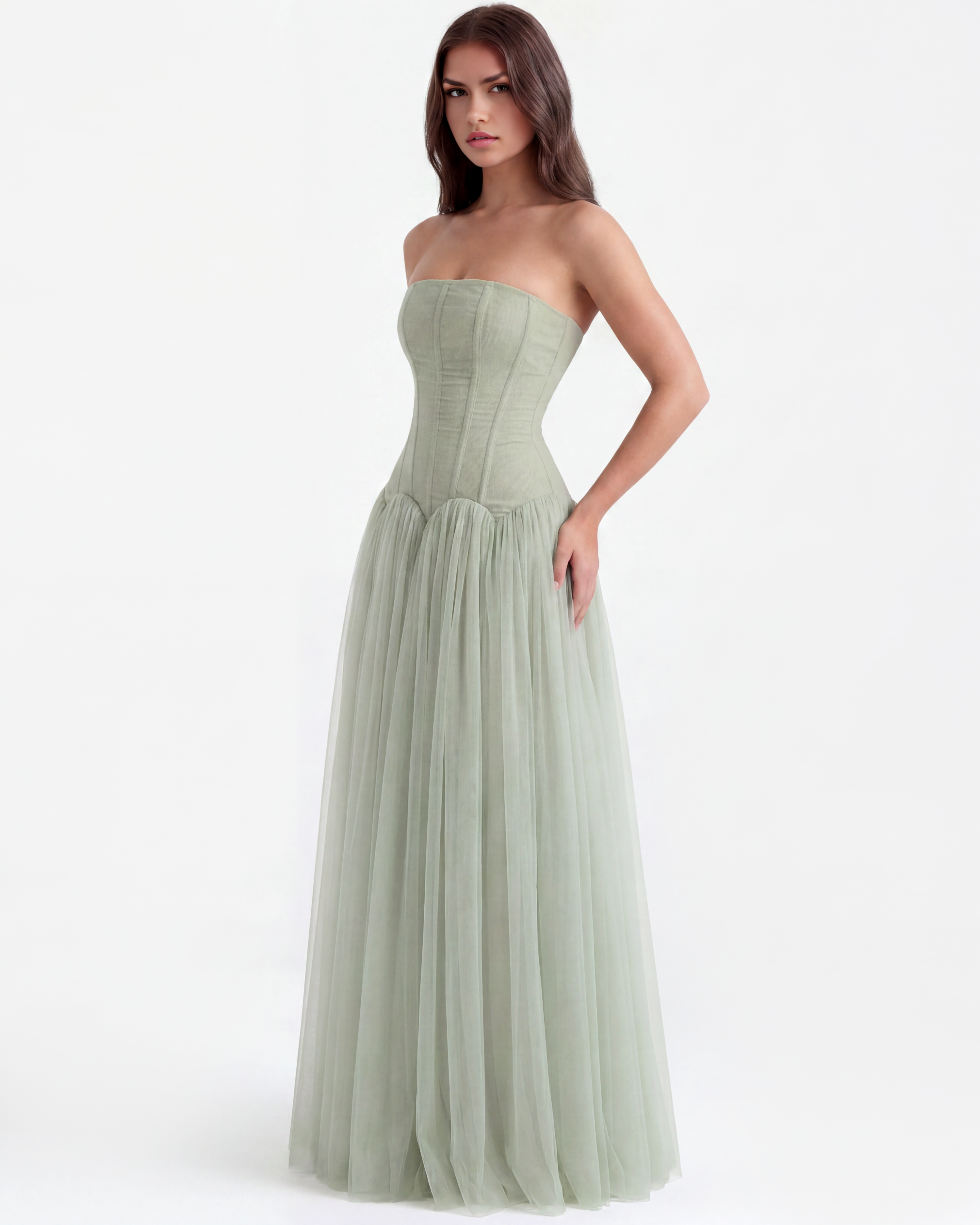 Arabella Strapless Mesh Maxi Wedding Guest Dress - Mint