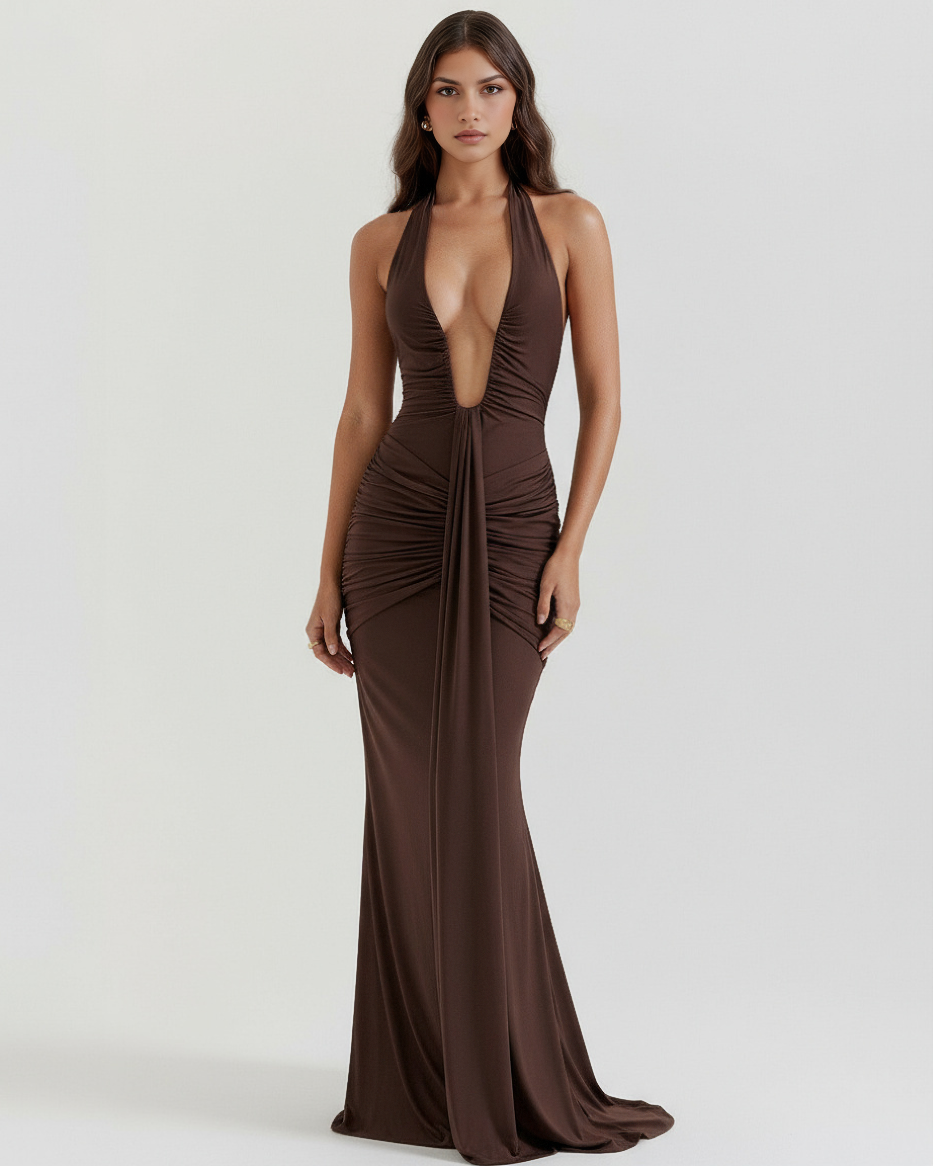 Ariel Ruched Halter Maxi Evening Dress - Brown