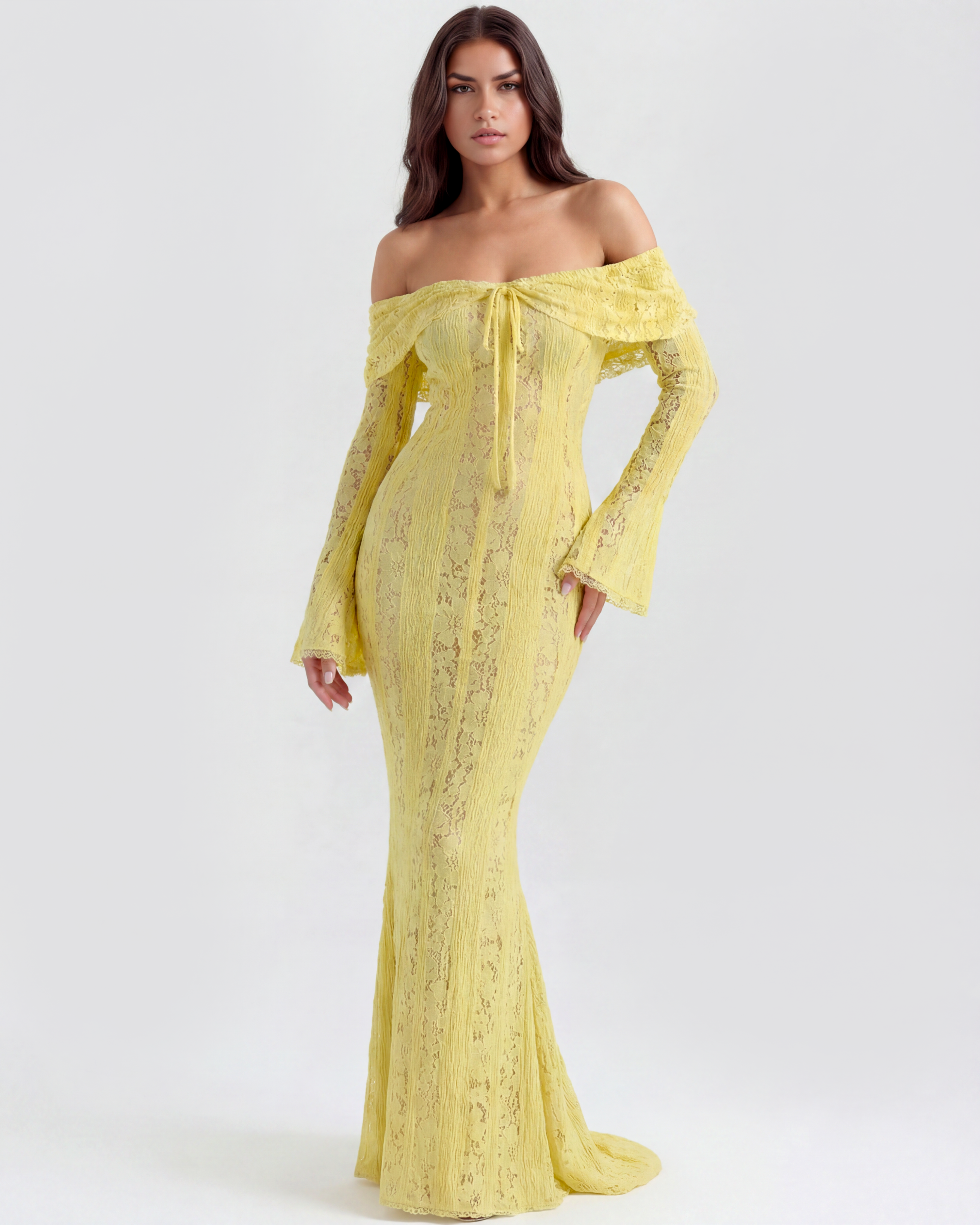 Alessandra Lace Off-Shoulder Maxi Evening Dress - Yellow - Ciel Cee