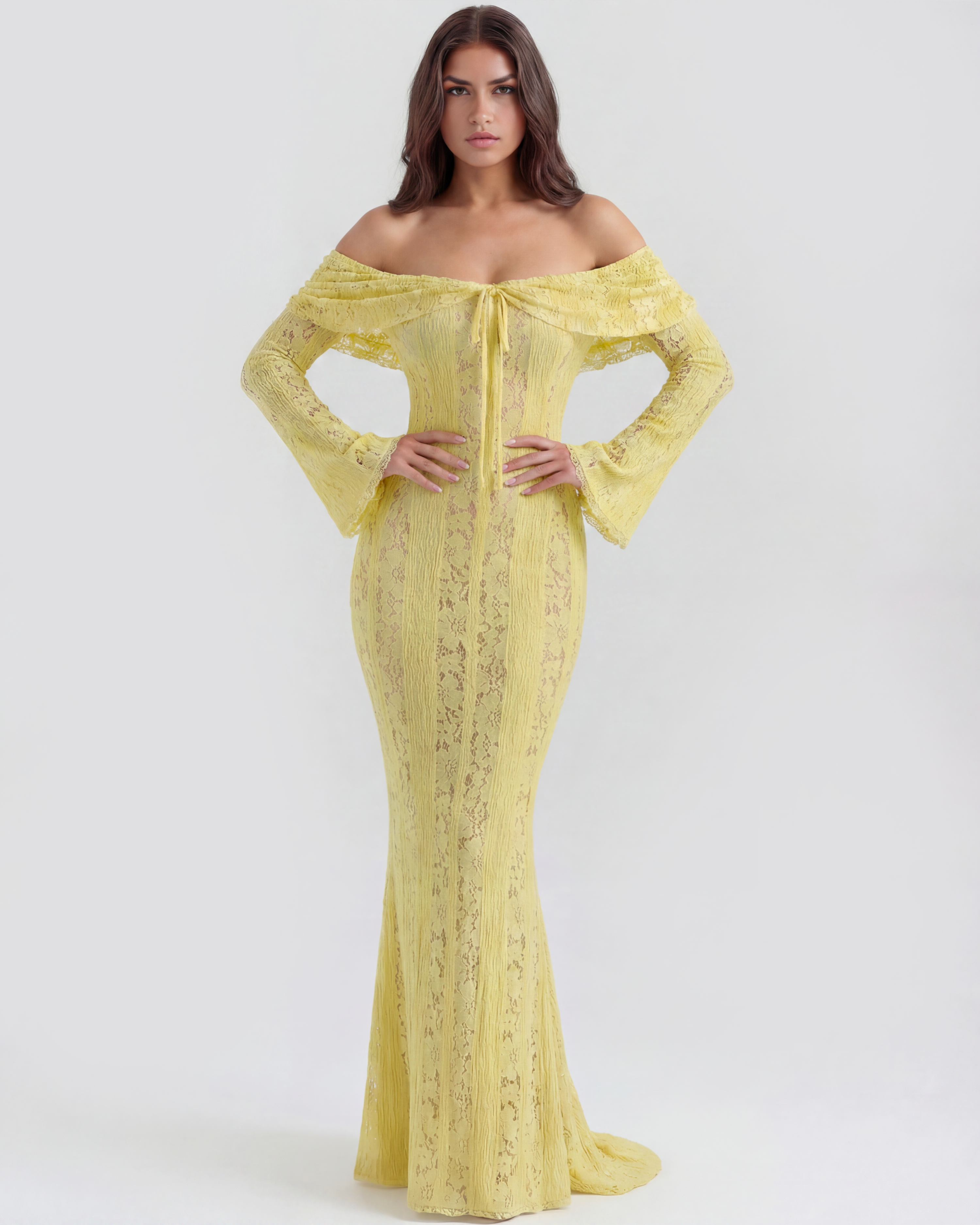 Alessandra Lace Off-Shoulder Maxi Evening Dress - Yellow - Ciel Cee