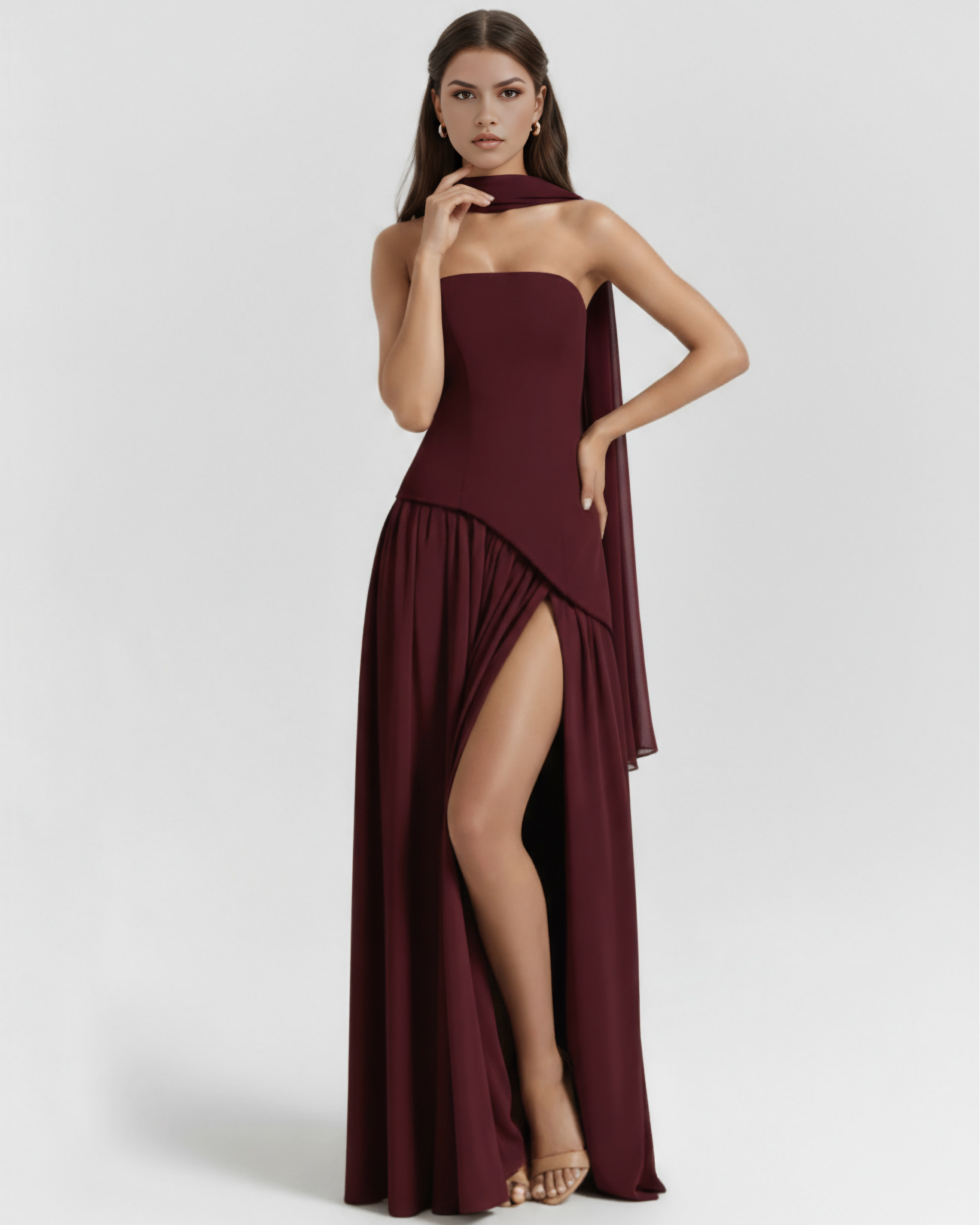 Serena Lace-Up Fitted Maxi Formal Dress - Deep Cherry Lacquer