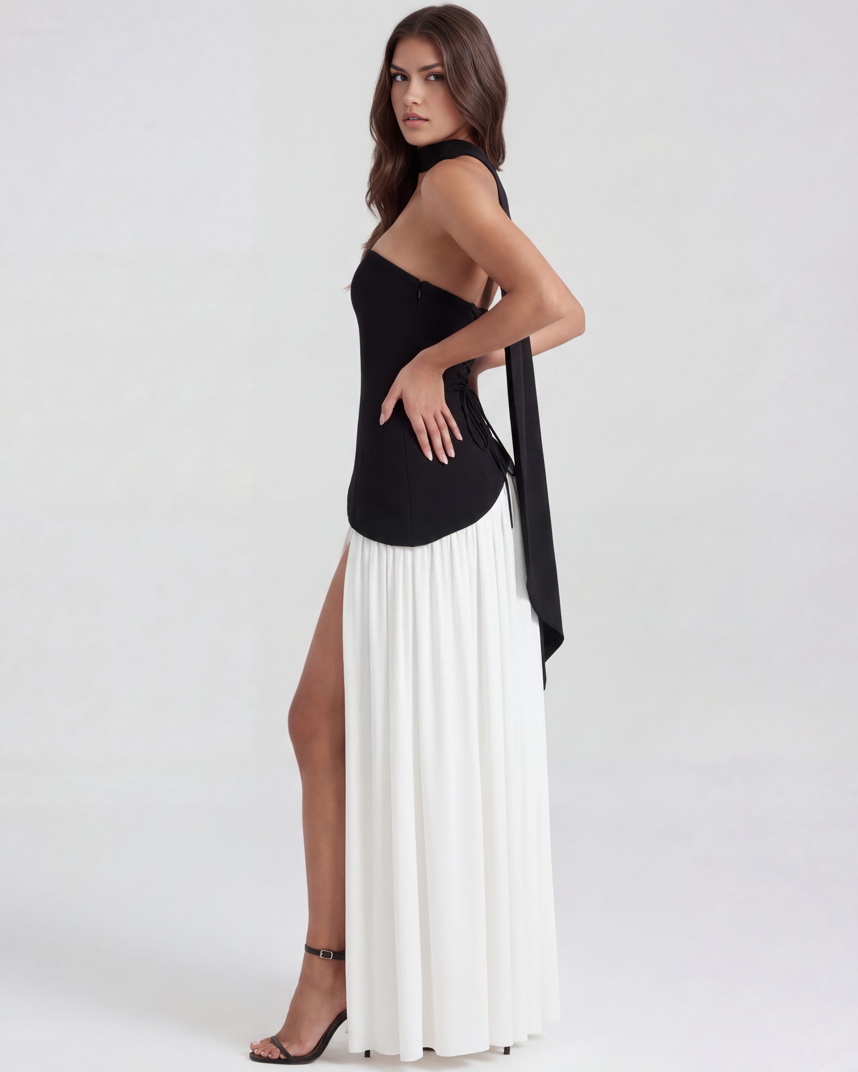 Serena Strapless Maxi Evening Dress - Black and White