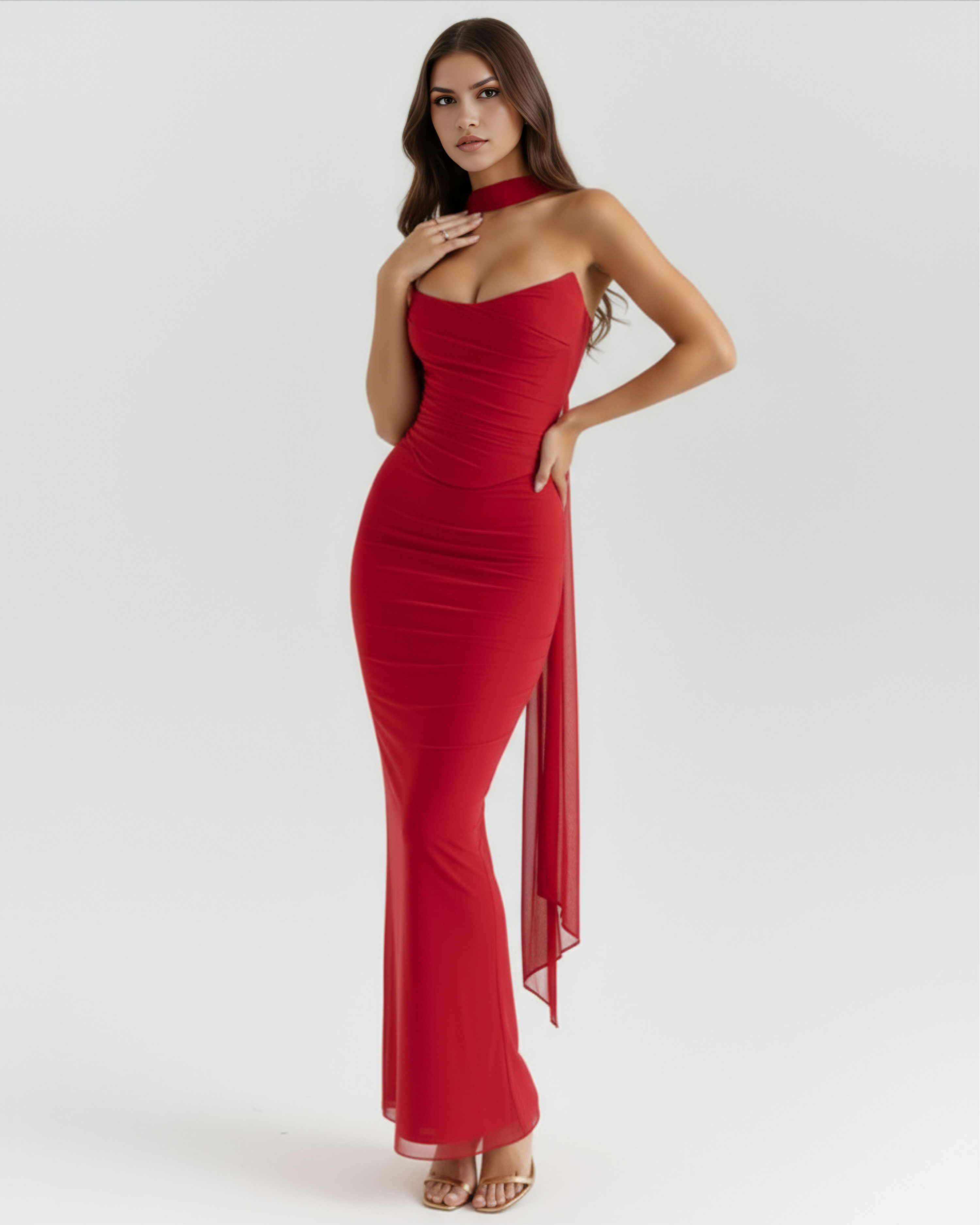 Malu Mesh Ruched Maxi Evening Dress - Black
