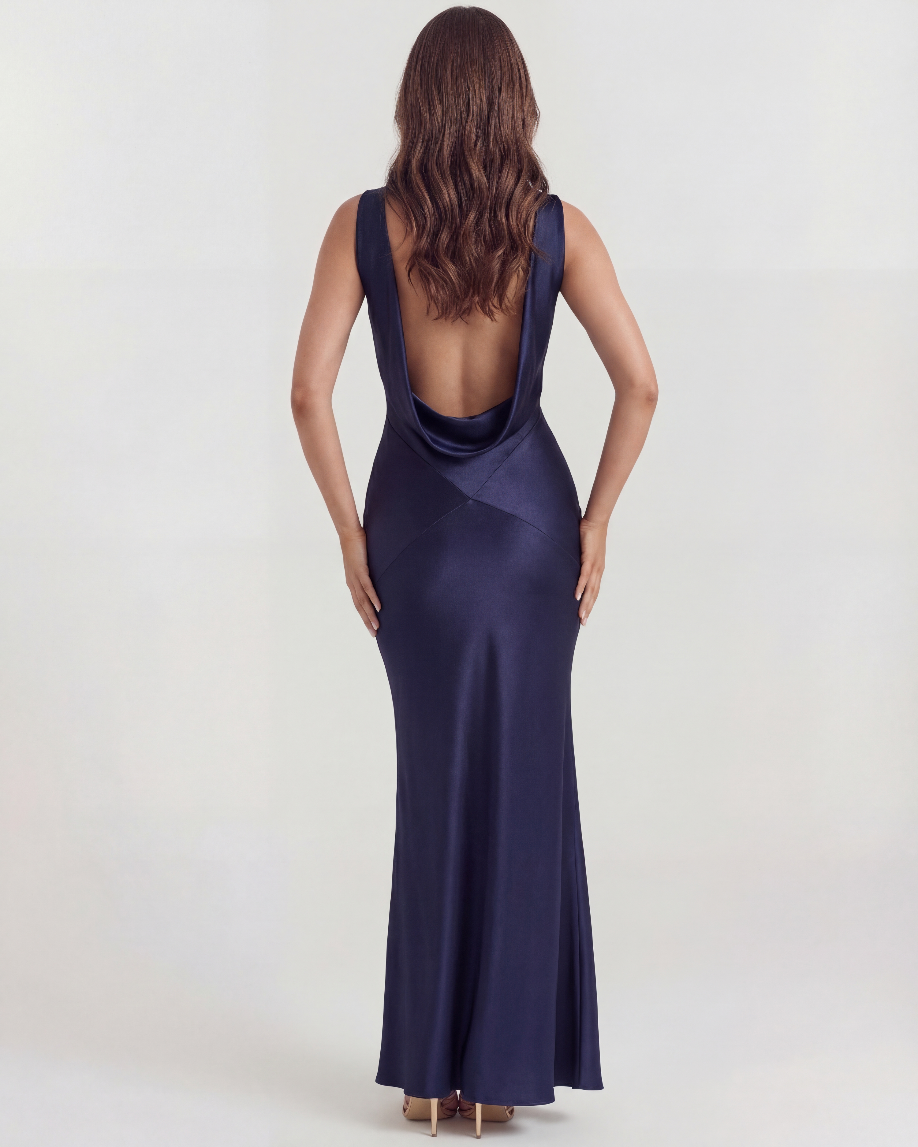 Sapphire Satin Cowl Neck Maxi Evening Dress - Blue
