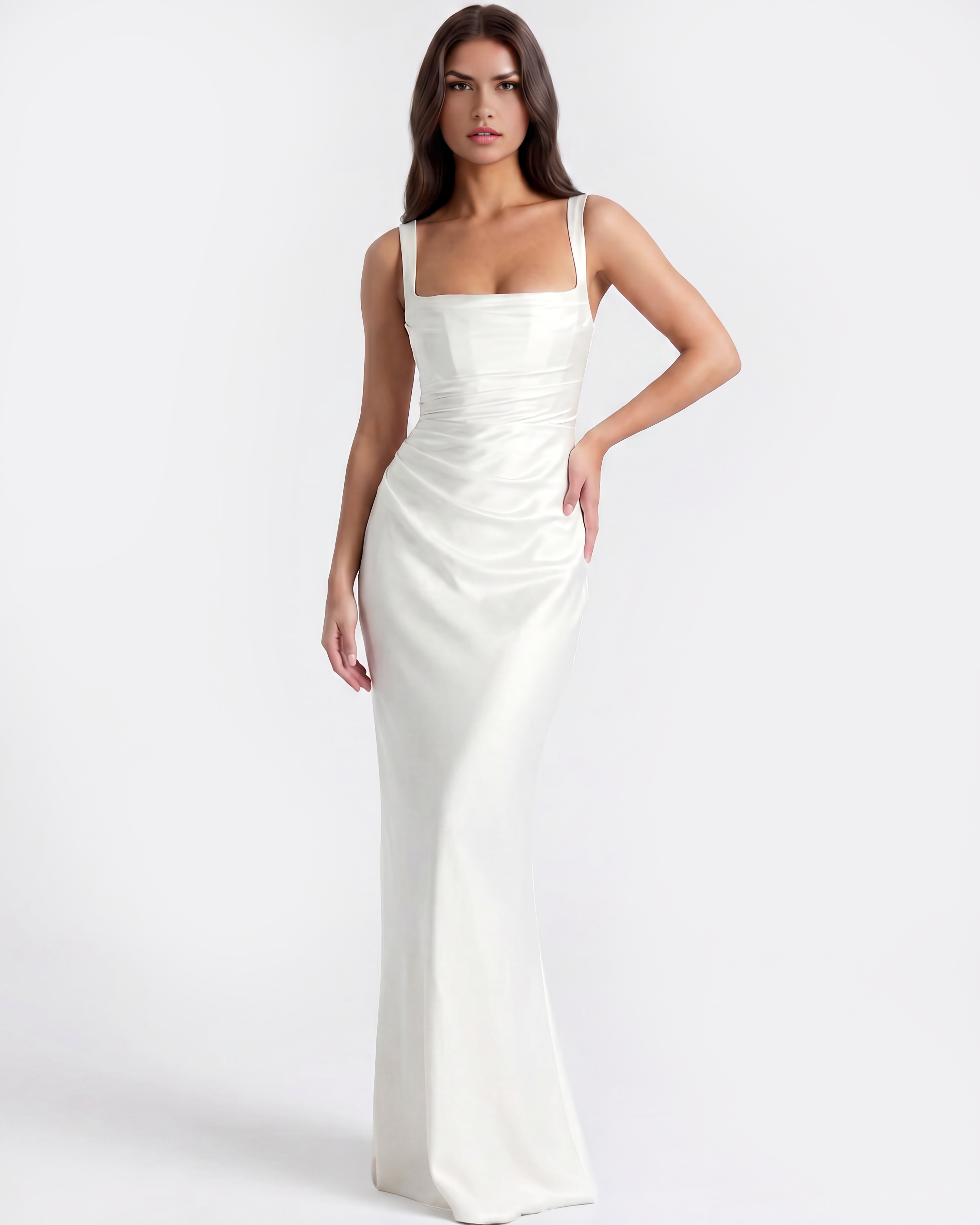 Adrienne Pleated Satin Maxi Wedding Guest Dress - White - Ciel Cee