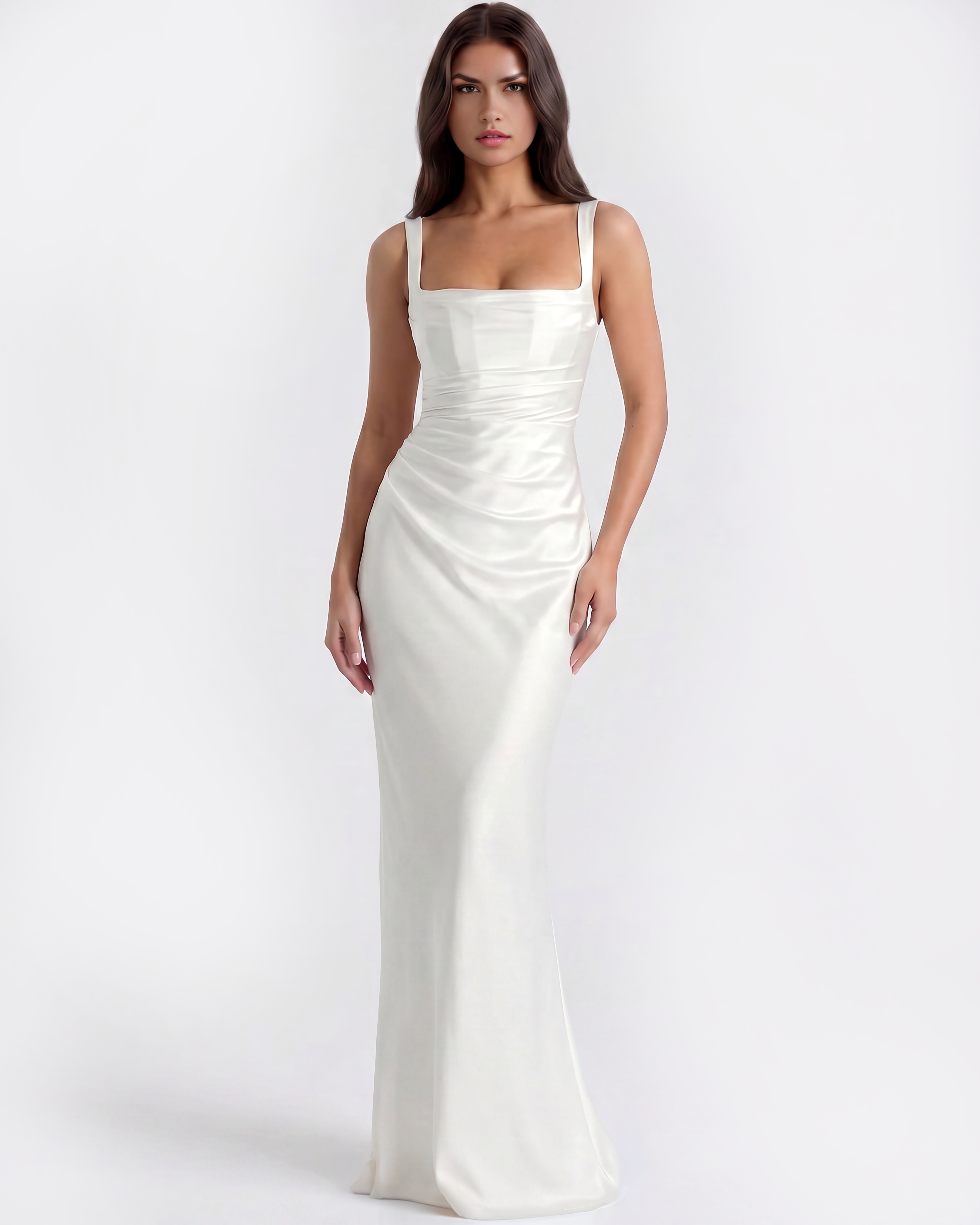 Adrienne Pleated Satin Maxi Wedding Guest Dress - White - Ciel Cee
