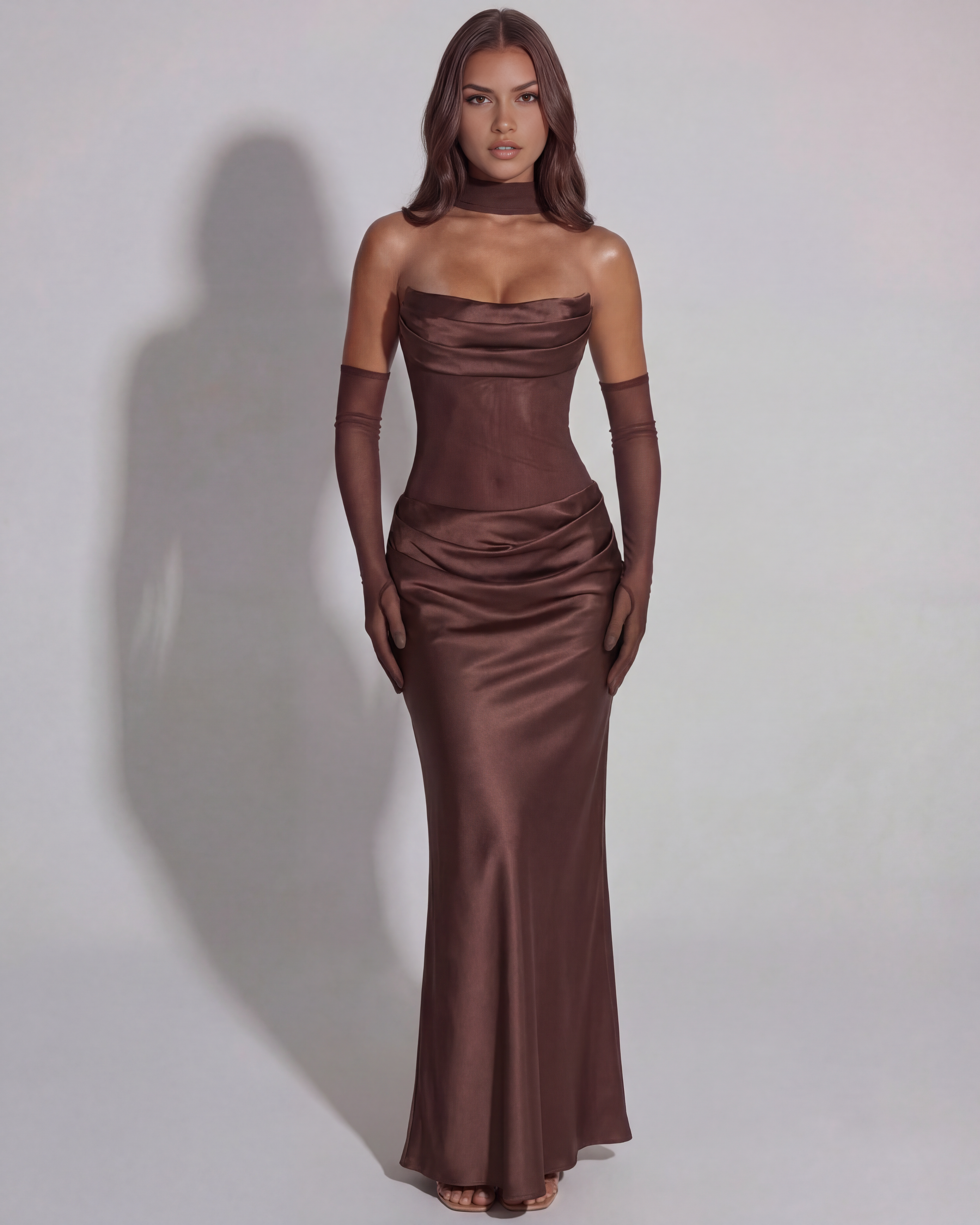 Vittoria Strapless Mesh Maxi Evening Dress - Brown
