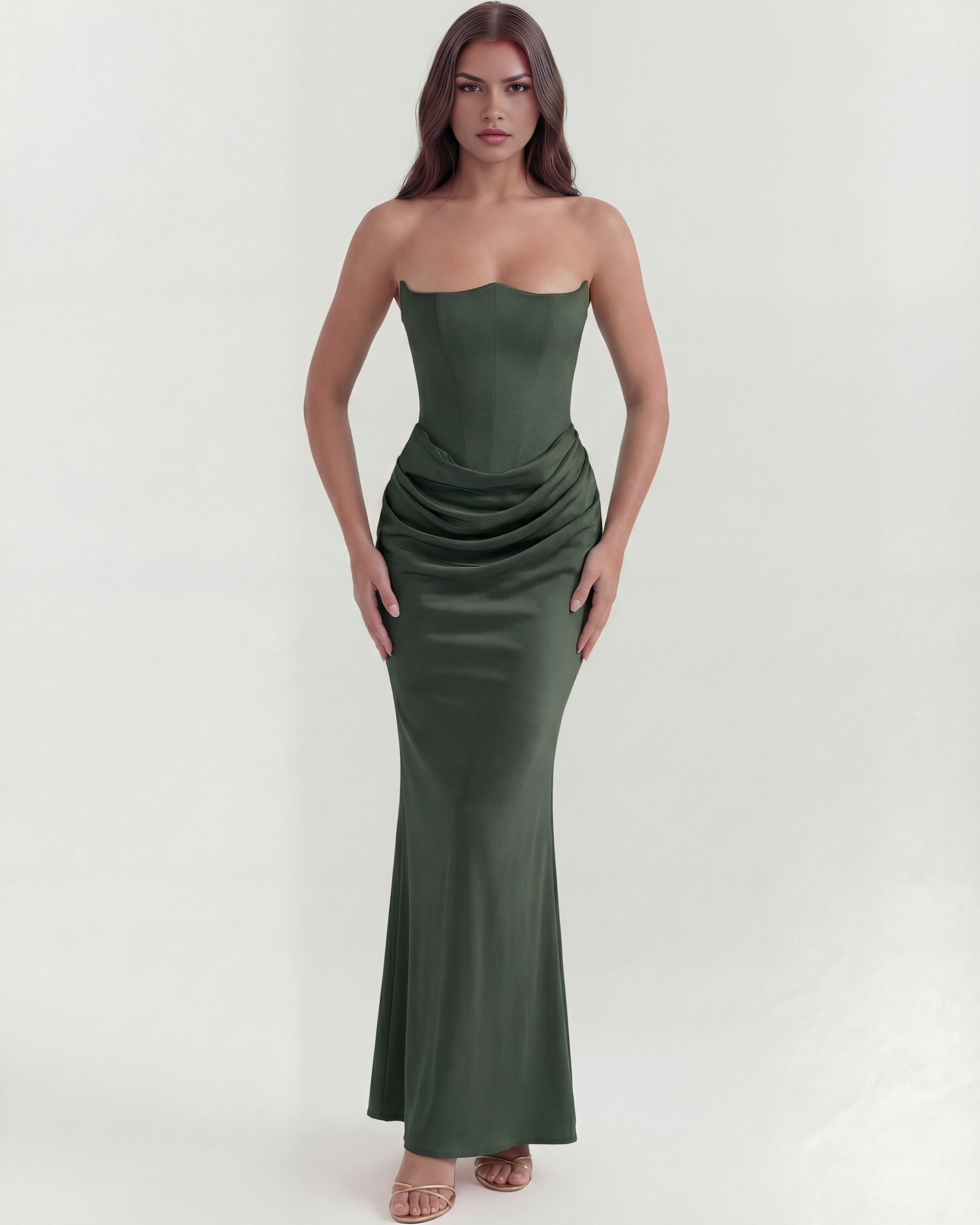 Rosalind Fitted Corset Maxi Evening Dress - Almond