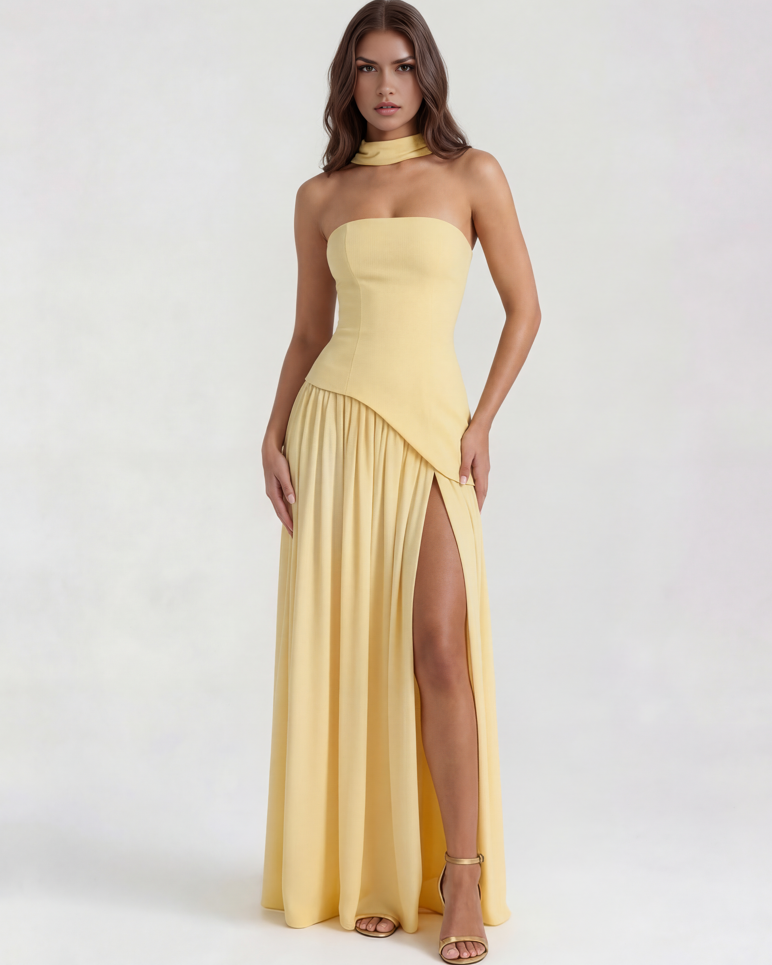 Serena Strapless Asymmetrical Maxi Wedding Guest Dress - Butter Yellow