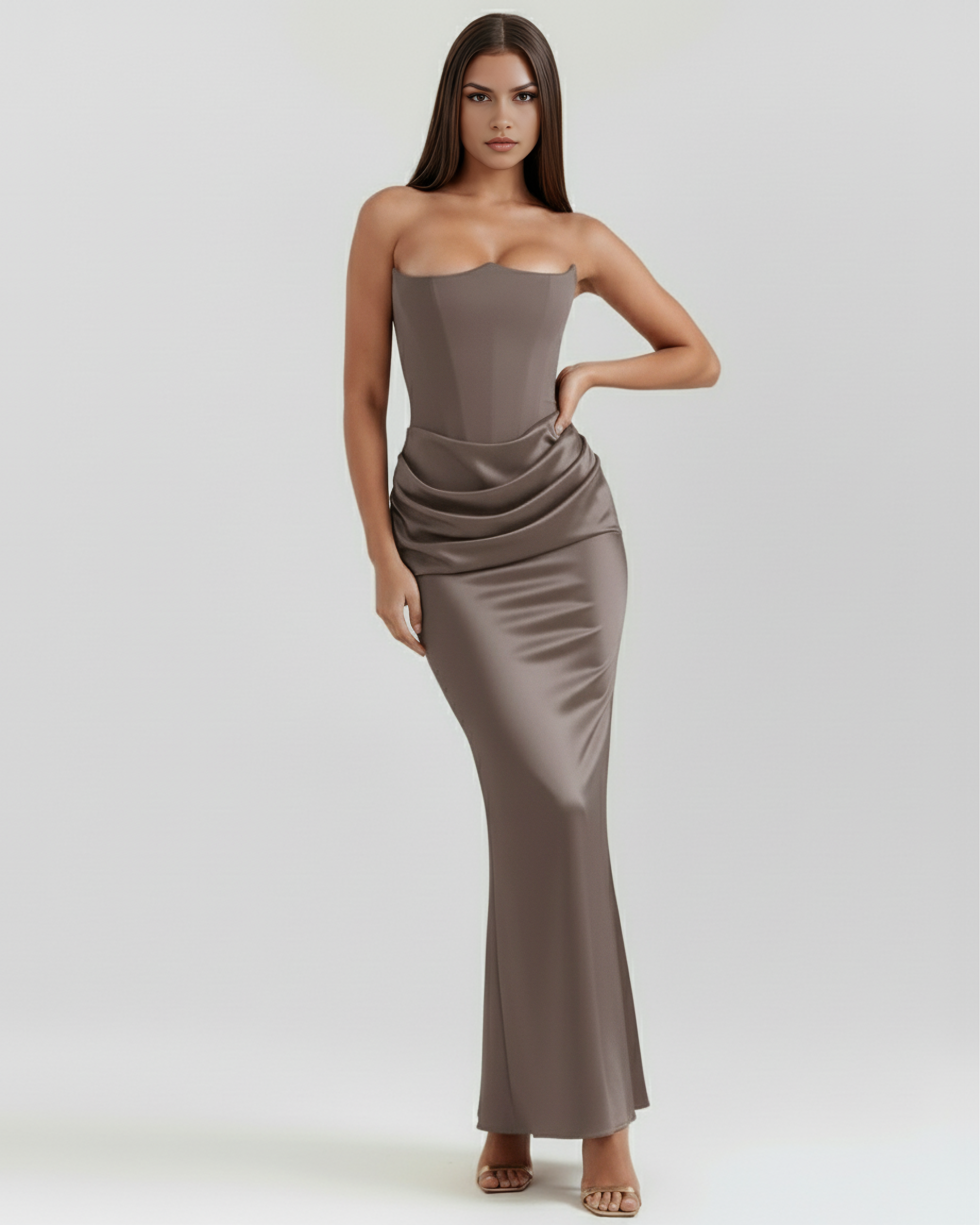 Rosalind Corset Fitted Maxi Evening Dress - Almond
