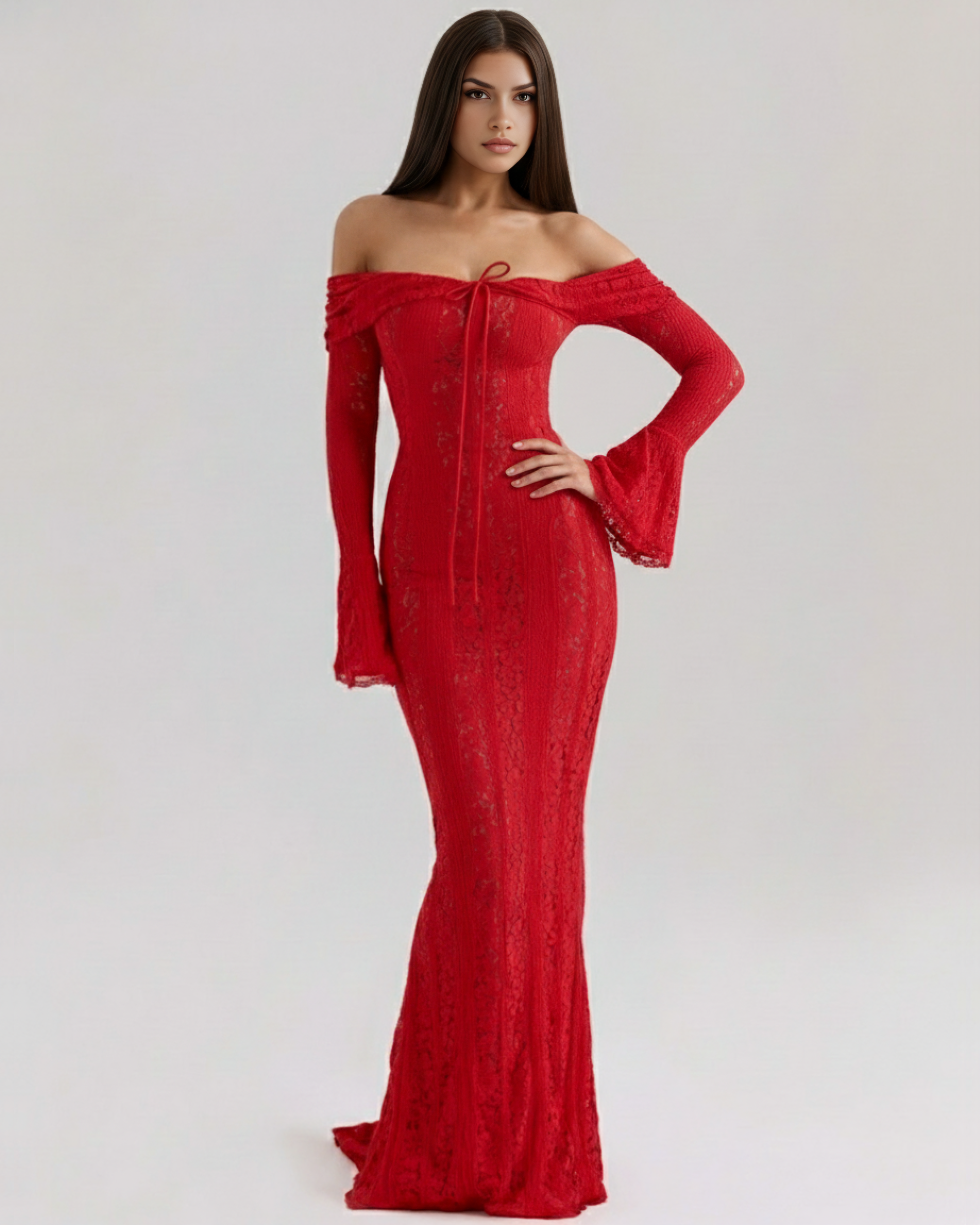 Alessandra Lace Off-Shoulder Maxi Evening Dress - Red