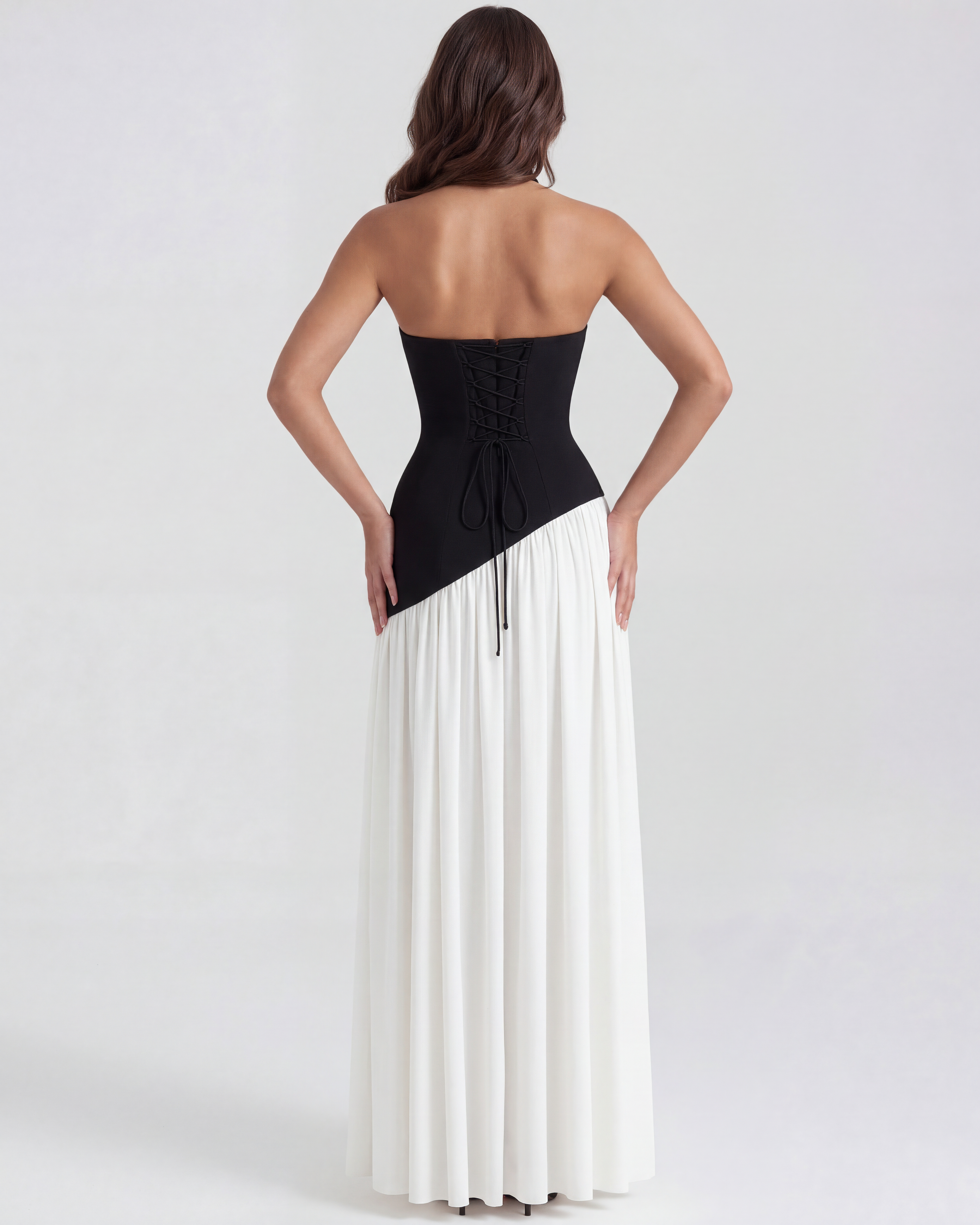Serena Strapless Maxi Evening Dress - Black and White